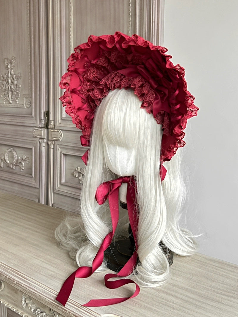 MAID - Gothic Lolita Lace Bonnet Wide Brim Bow BNT Headwear