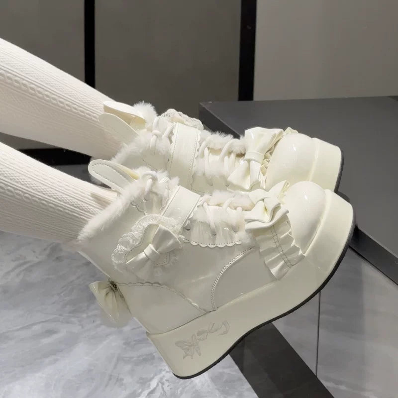 Bunny Tail - Fuzzy Kawaii Lolita Snow Boots, Detachable Plush Bow 44447:808596