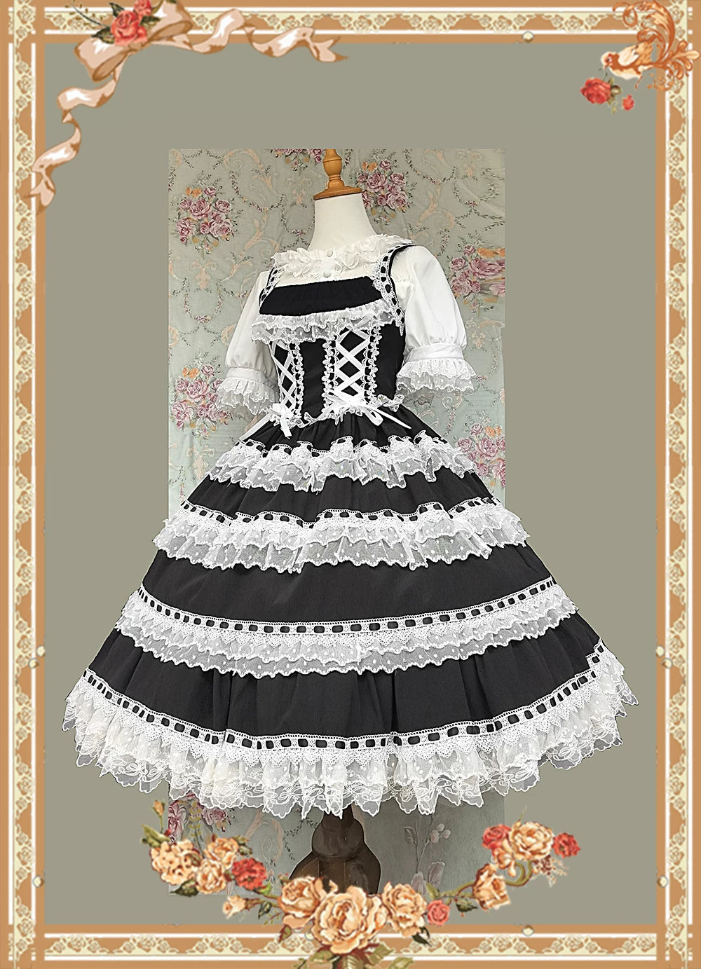 Mirror Doll - Old School Lolita Tiered Hem JSK with Polka Dot Lace 45540:853704