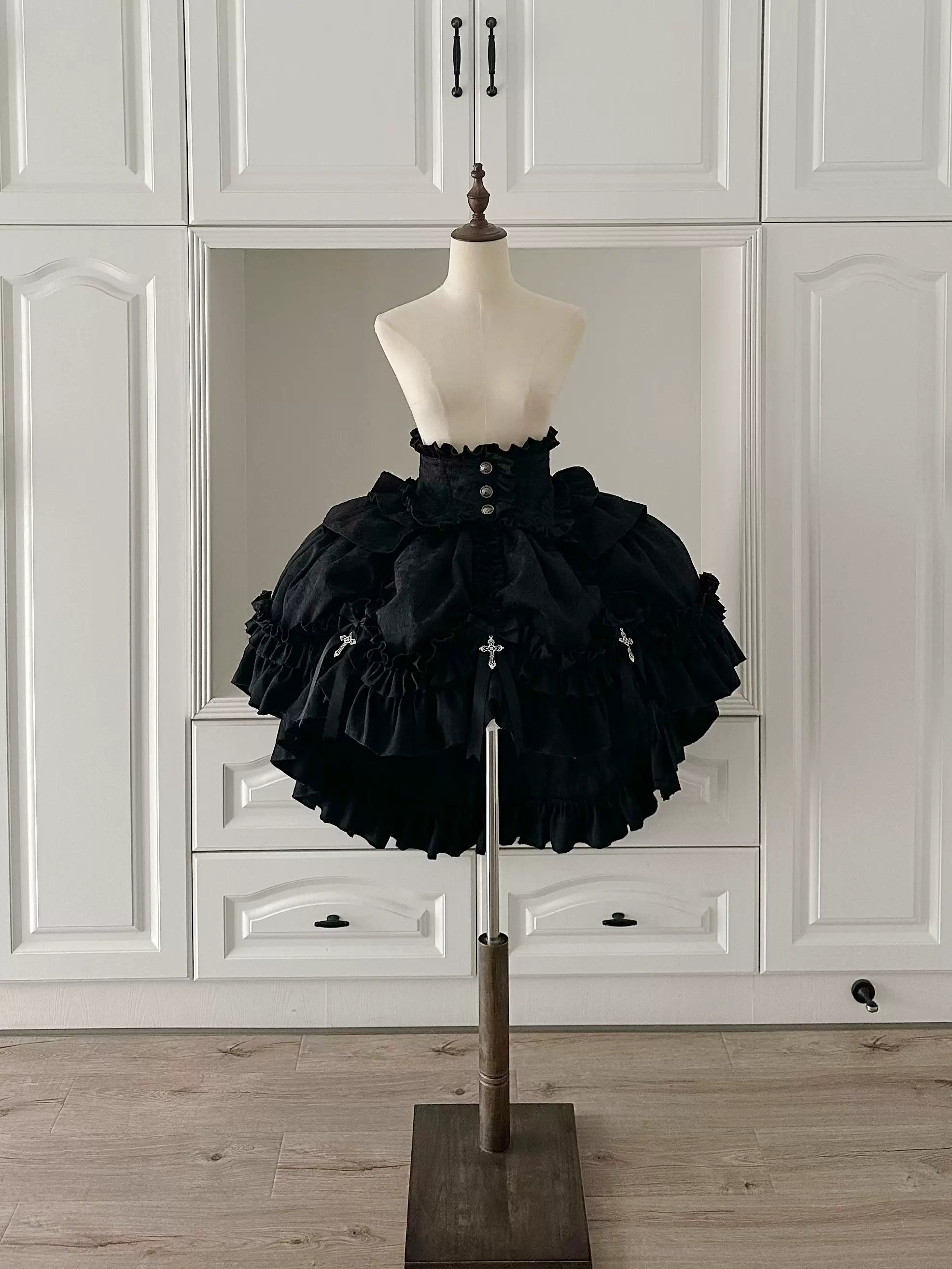 Cross Nocturne - Gothic Lolita Corset Dress Set, High-low Hem & Cross Black Skirt - Short Version Only S