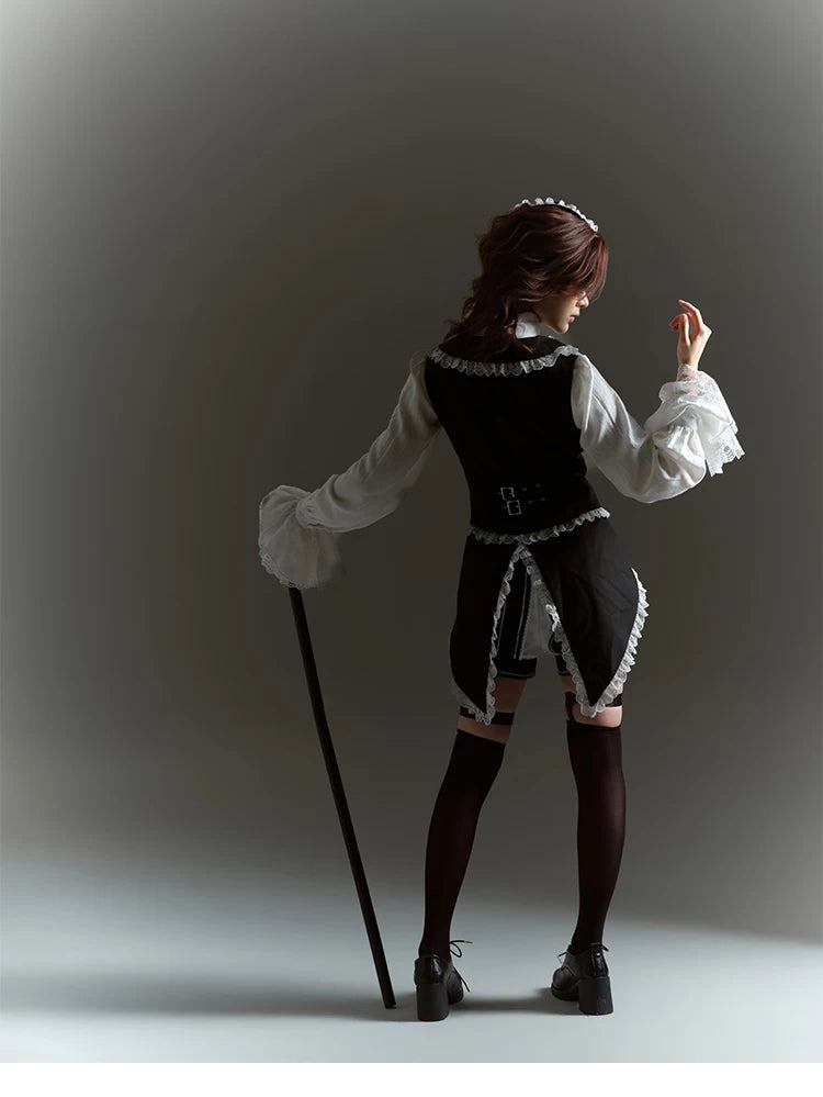 Crow Feather Ode - Ouji Lolita Cotton Linen Shirt and Clock Embroidery Vest Set 45665:857407