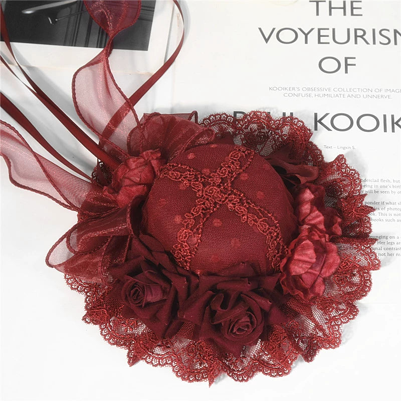 Youge Original Accessory - Gothic Lolita Red Top Hat, Rose & Bow 44131:796383