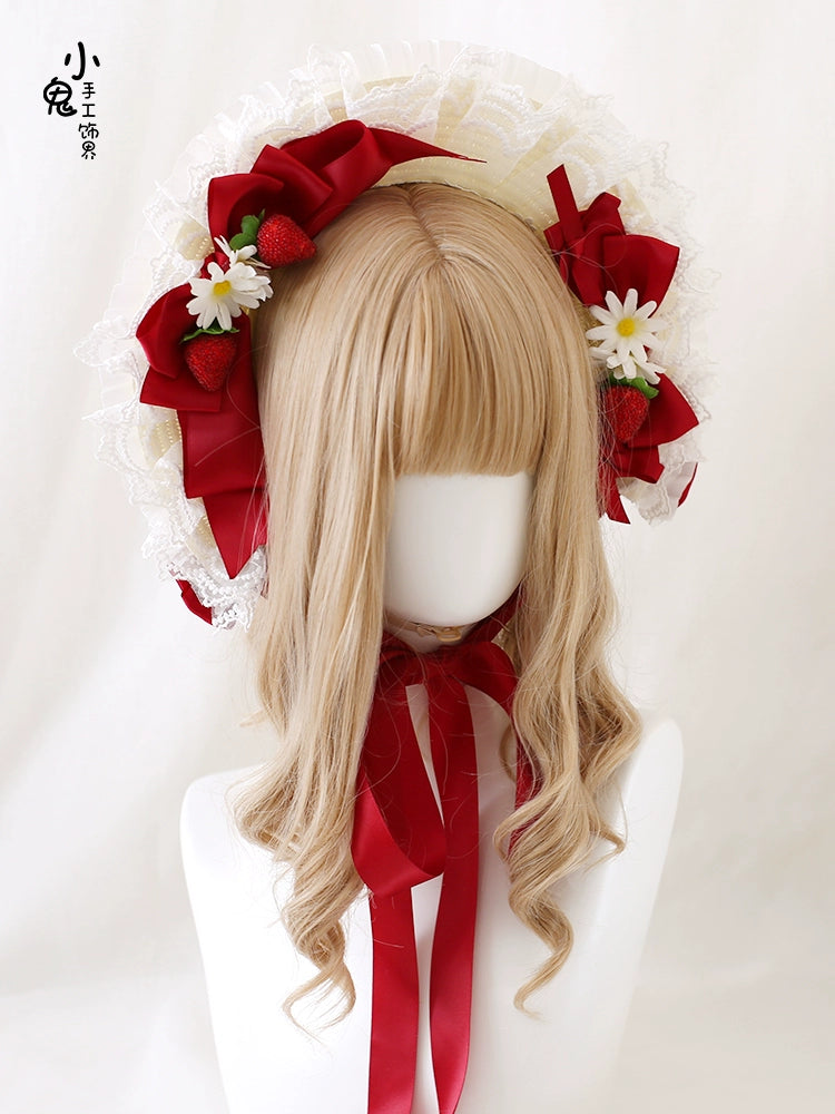 Xiaogui - Sweet Lolita Hat Strawberry Bonnet with Lace and Bow