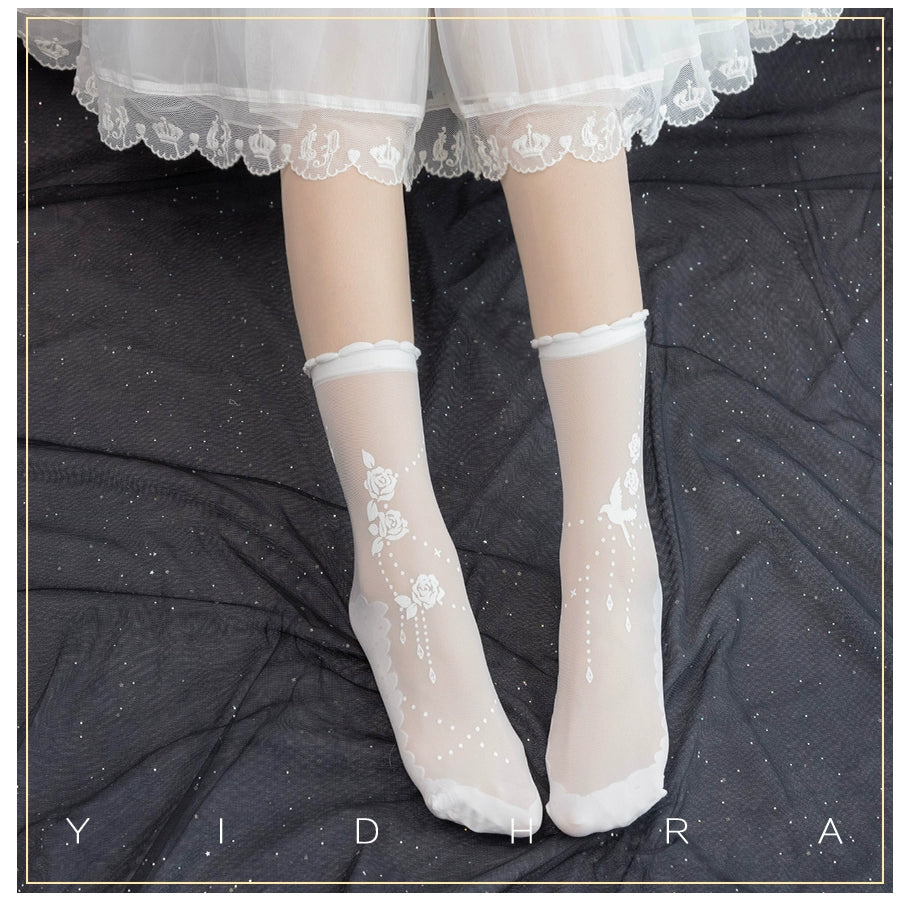 Yidhra - Nightingale and Rose - Gothic Lolita Socks Rose Lace Socks One Size White - Normal version