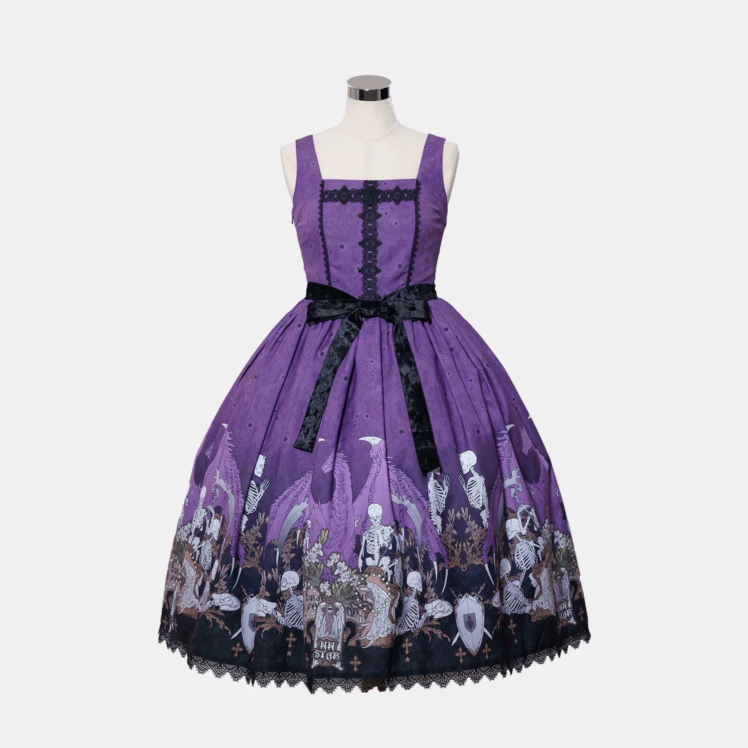 Dragon Bone Lily - Vintage Gothic Lolita Dragon & Skeleton Print JSK Dress (L M S XL) 45283:844461