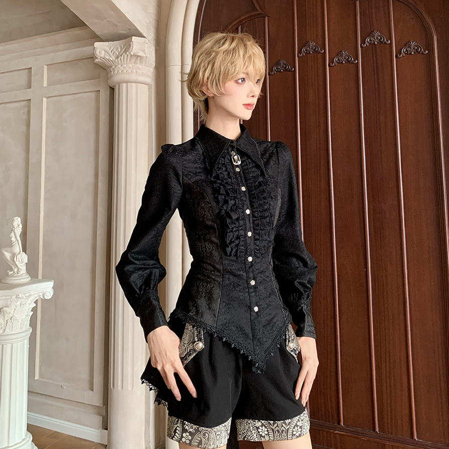 Chill Rice - Jacquard Long Sleeve Ouji Lolita Blouse, Tail Accent Black - Long Sleeve Blouse (short version) S
