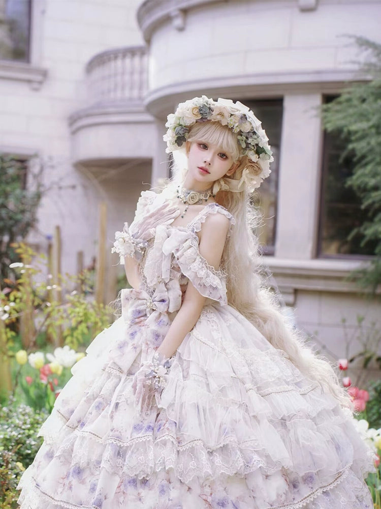 Cat Fairy - Rose Letter - Gorgeous Lolita JSK Princess Dress Chiffon Floral Printed Blue Dress