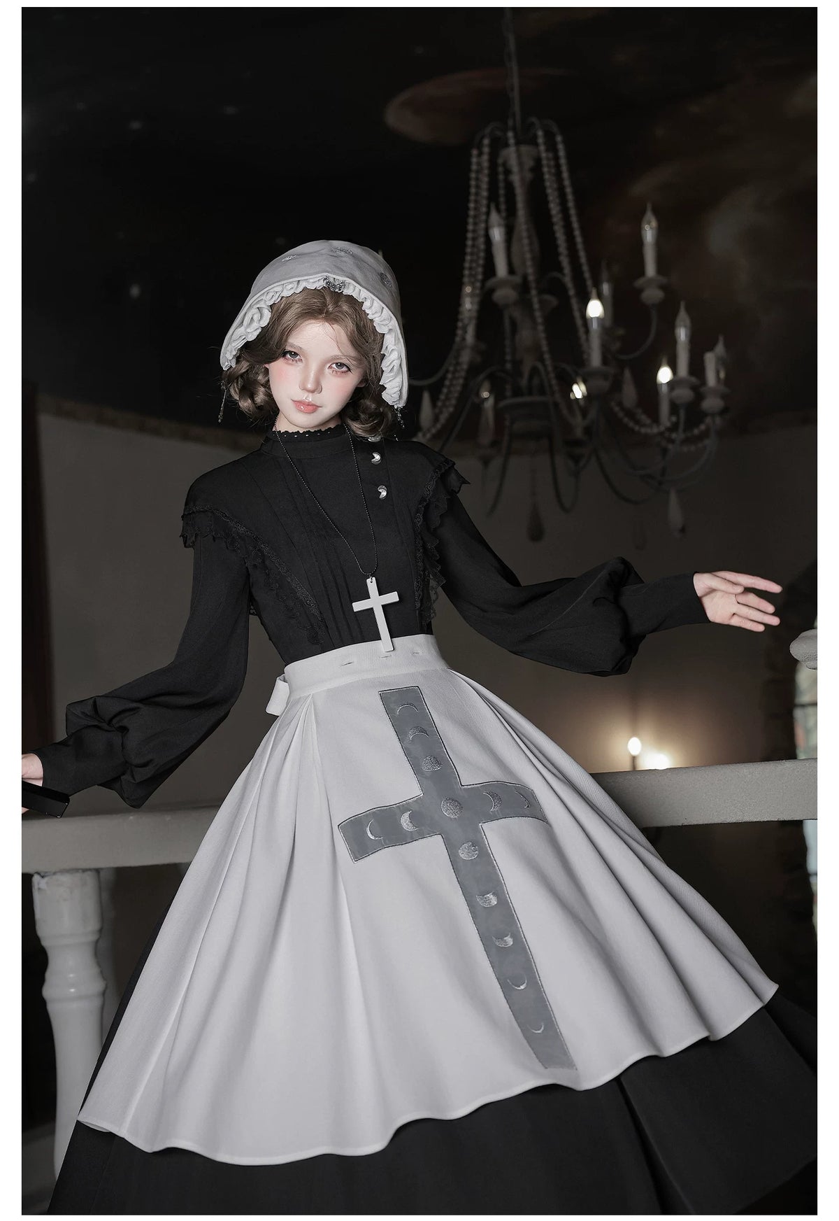Moon Phase - Gothic Lolita OP Dress Set, Detachable Cross-Shaped Apron 46035:873387