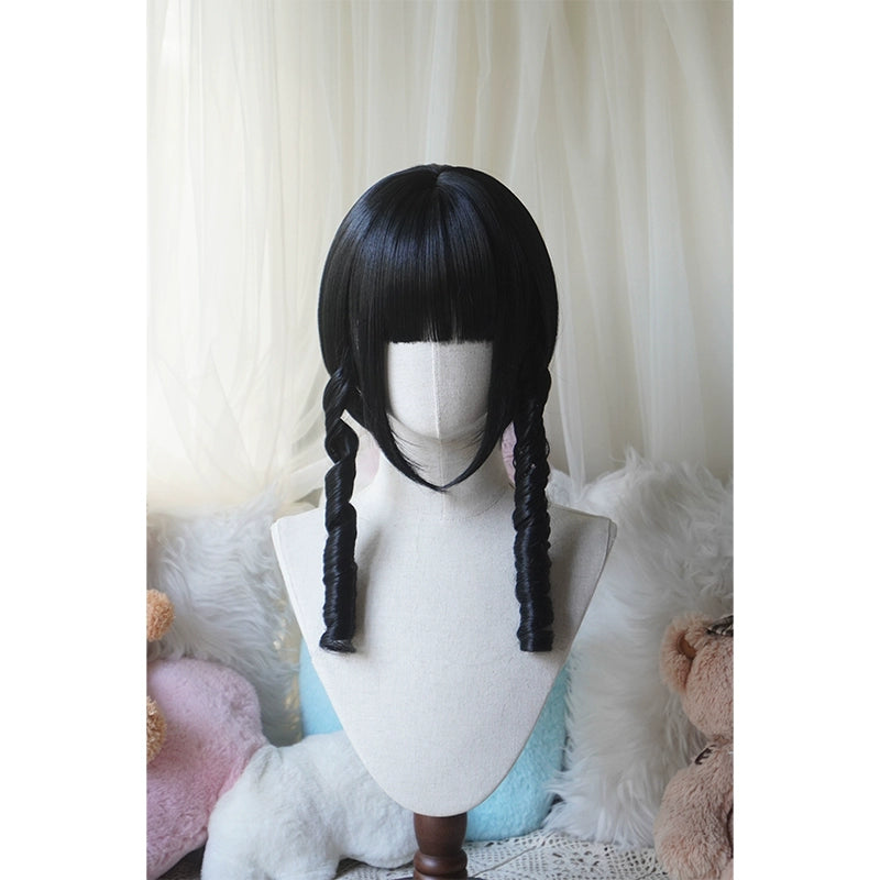 Imperial Tea - Solid Lolita Bob Wig With Detachable Curl Ponytail Pearl Black - Bob Wig + Hairnet