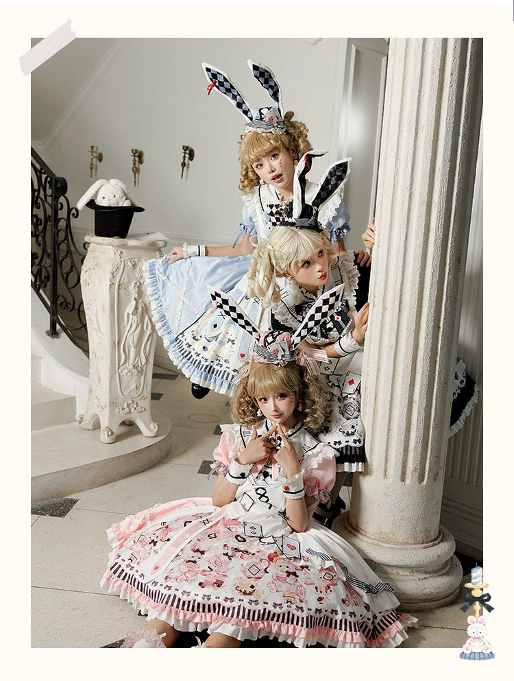 YingLuoFu - Alice - Kawaii Lolita OP Dress, Rabbit & Playing Card Motifs