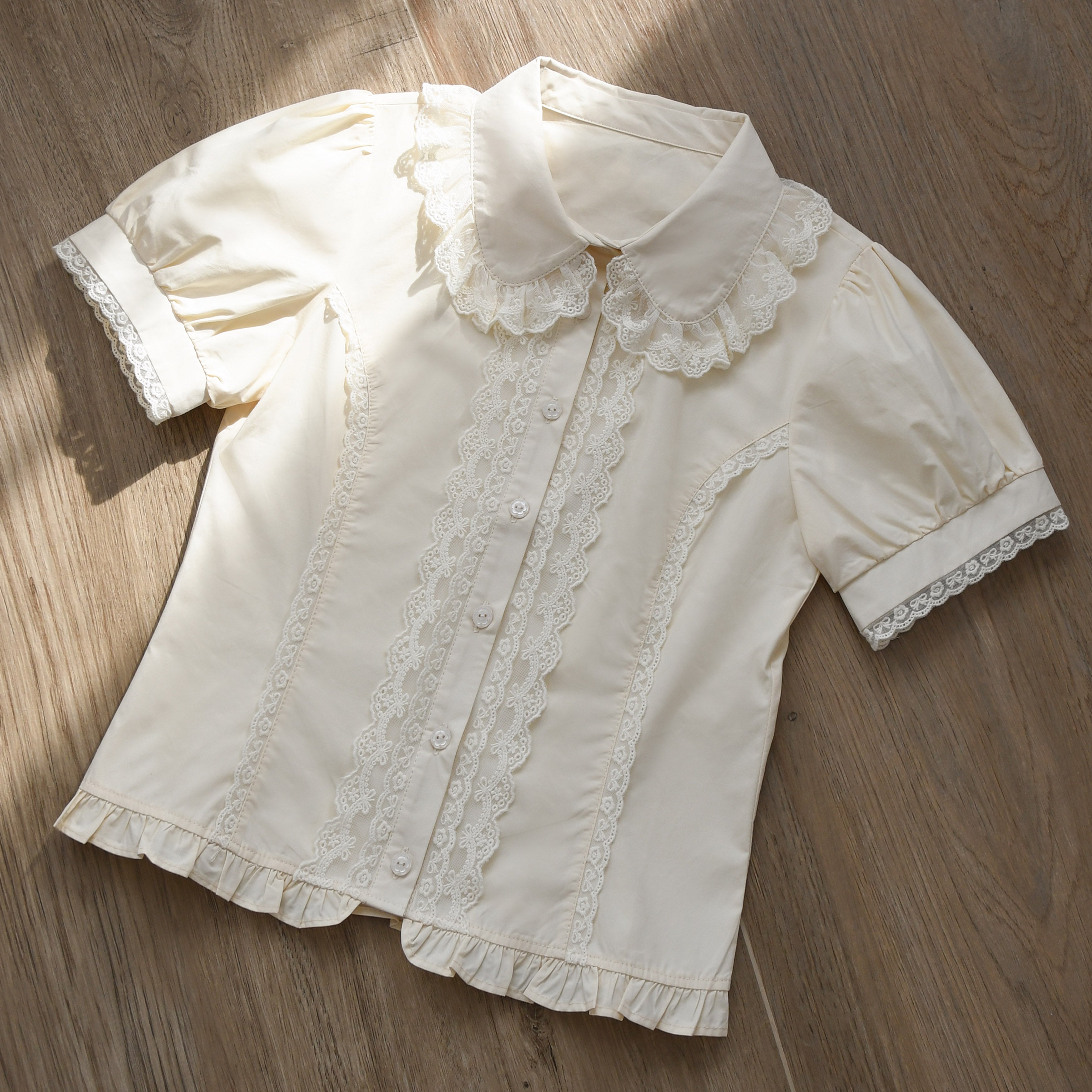 MIST - Lily - Cotton Retro Lolita Blouse with Lace Ruffles and Short Sleeve Beige S
