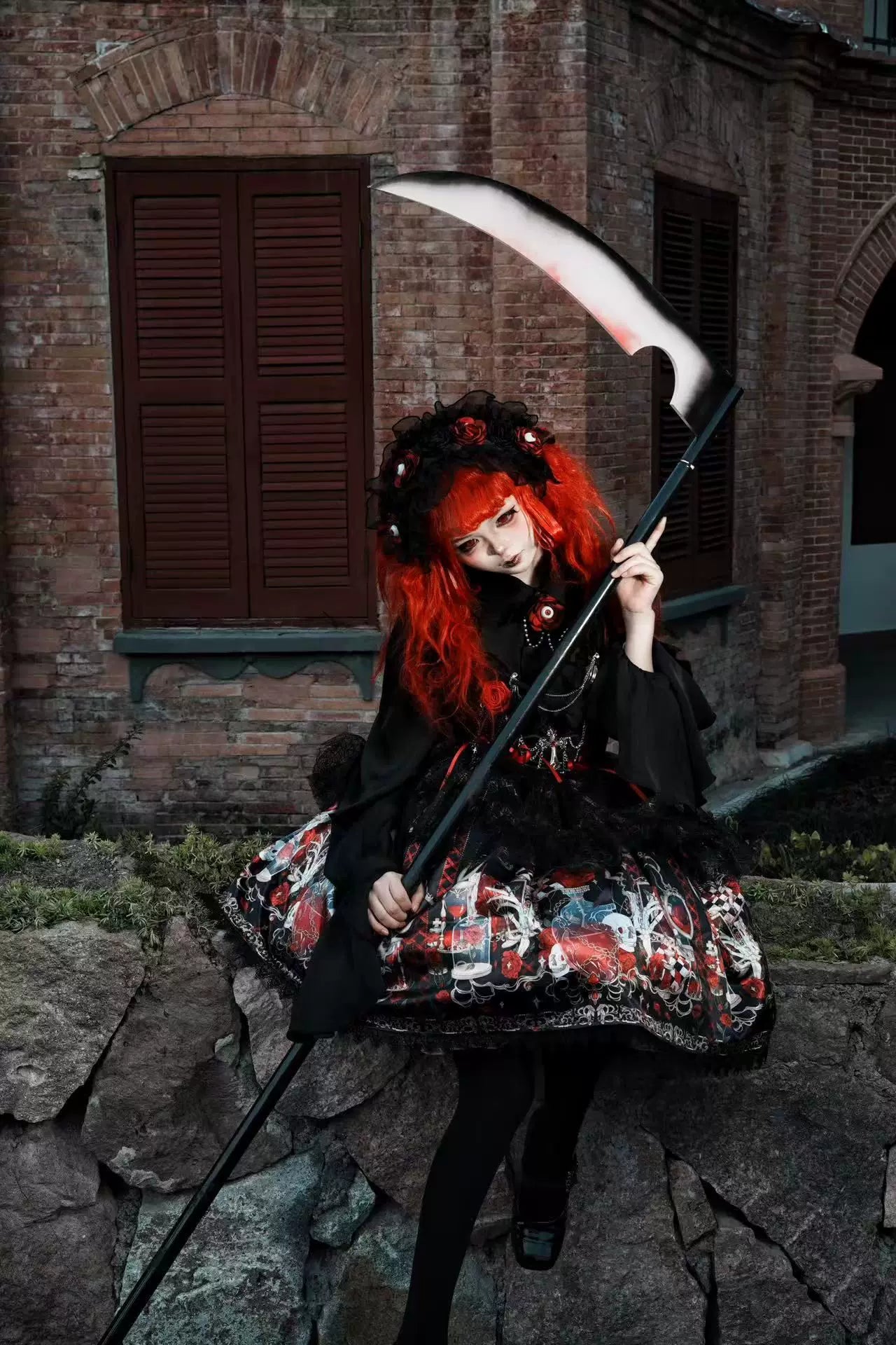 Blood Research Lab - Gothic Lolita JSK Dress, Rose & Skull Print 44449:808782