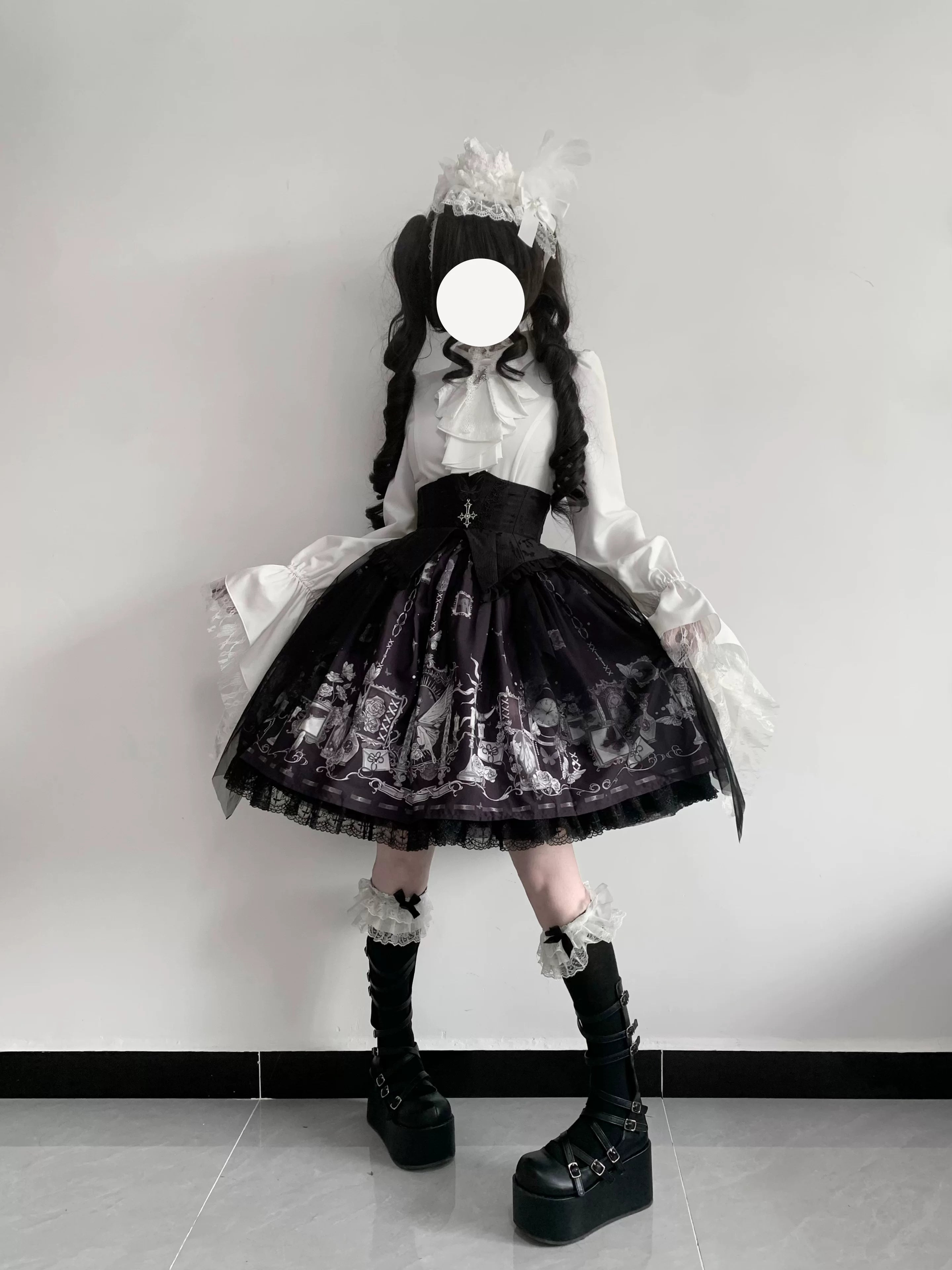 Butterfly Shadow - Halloween Gothic Lolita Fishbone Skirt & Shirt, Butterfly Print