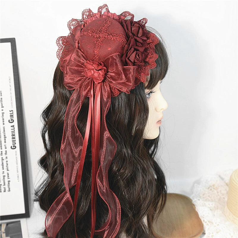 Youge Original Accessory - Gothic Lolita Red Top Hat, Rose & Bow 44131:796369