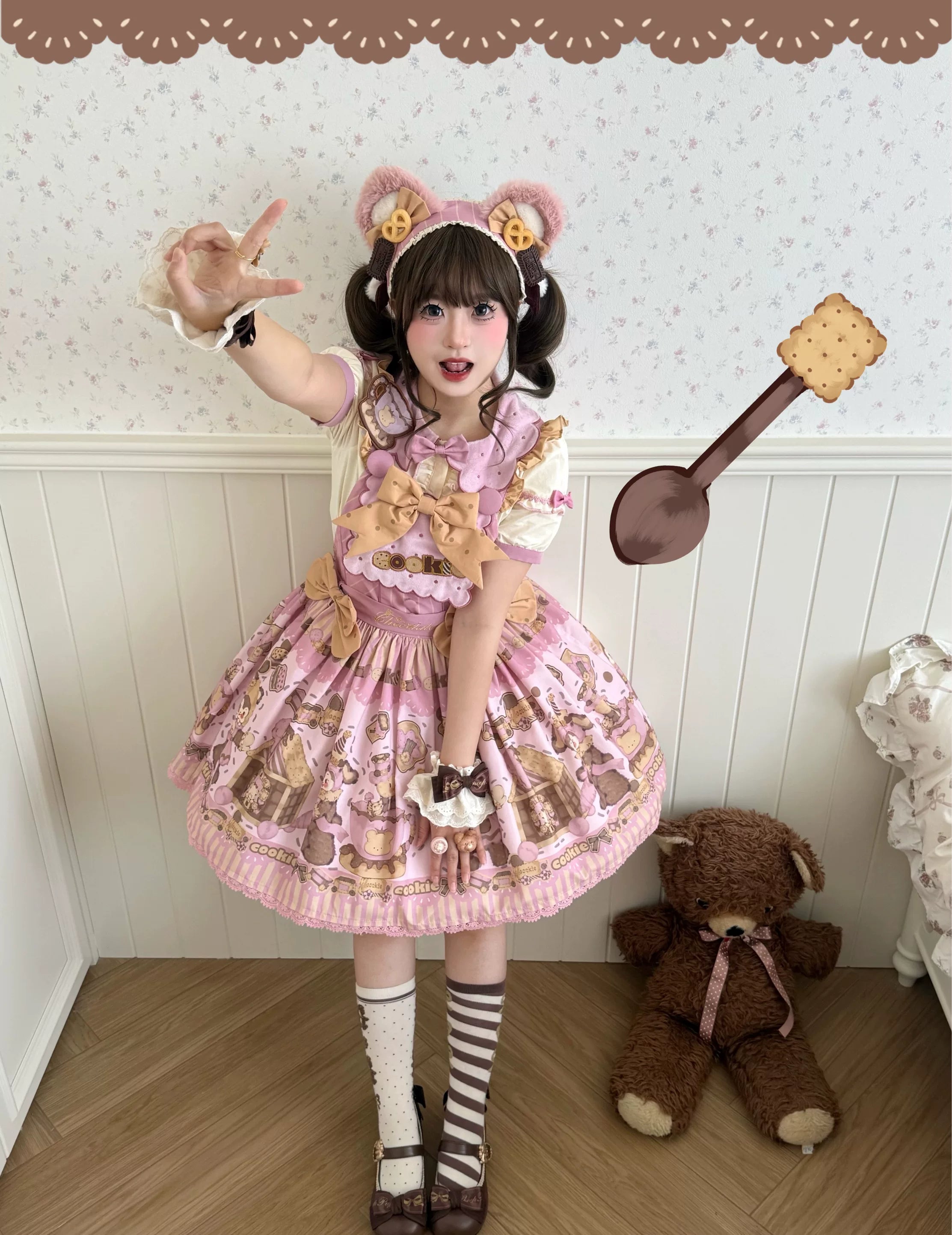 Bear Biscuit SP - Kawaii Lolita Bear Printed Dress Set with Bows