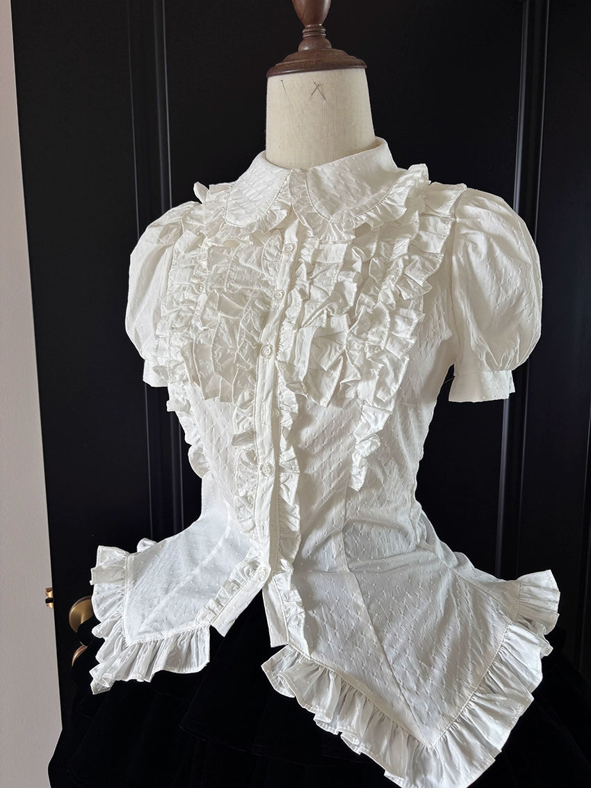 FlowerFairyDaily - Tiana's Wardrobe - Doll-like Lolita Shirt With Ruffles/Adjustable Back Strap White Polka Dot S