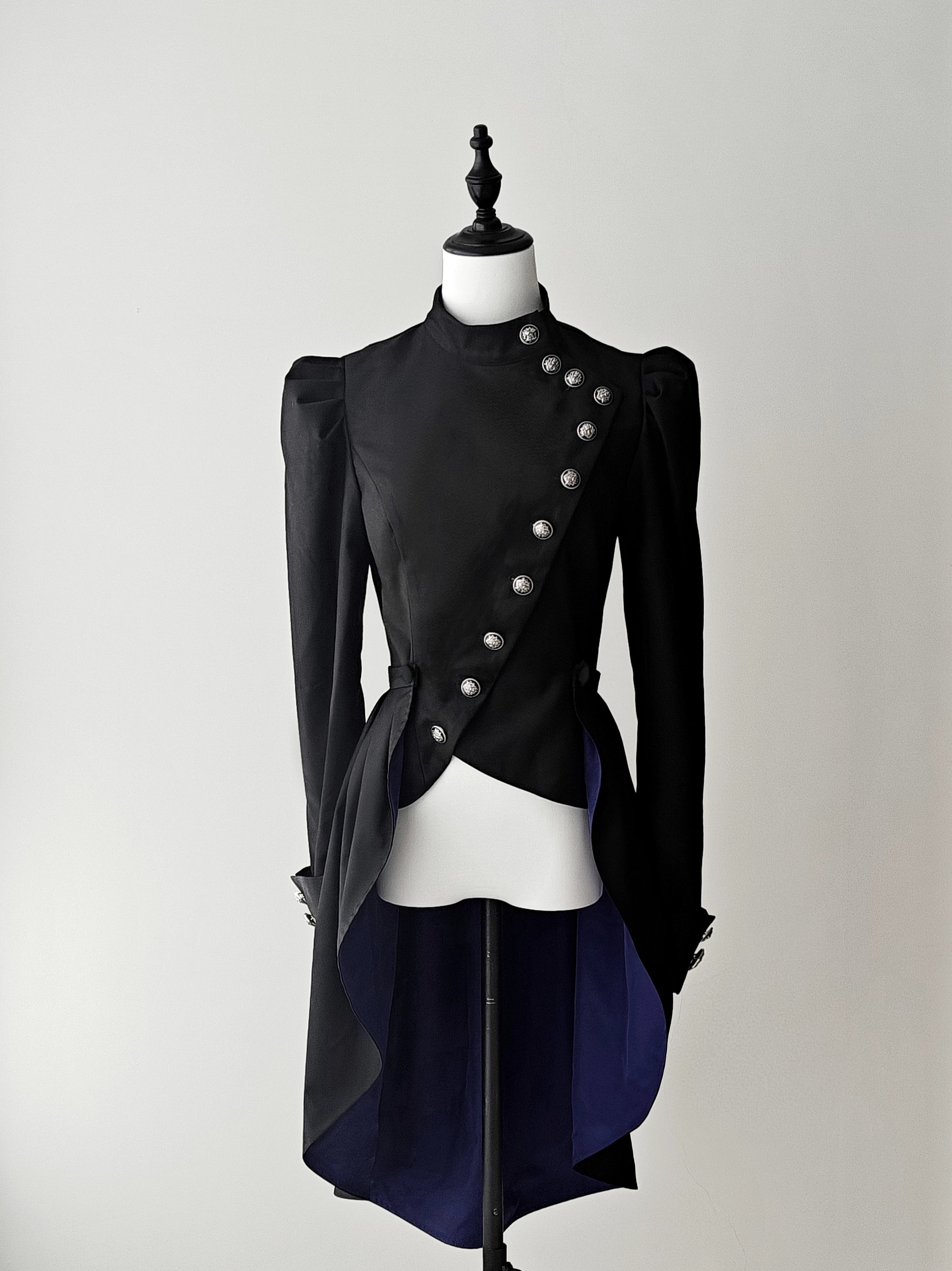 White Night Sonata - Ouji Lolita Embroidery Coat, Detachable Trailing Black Non-Embroidered Coat + Blue Trailing XS