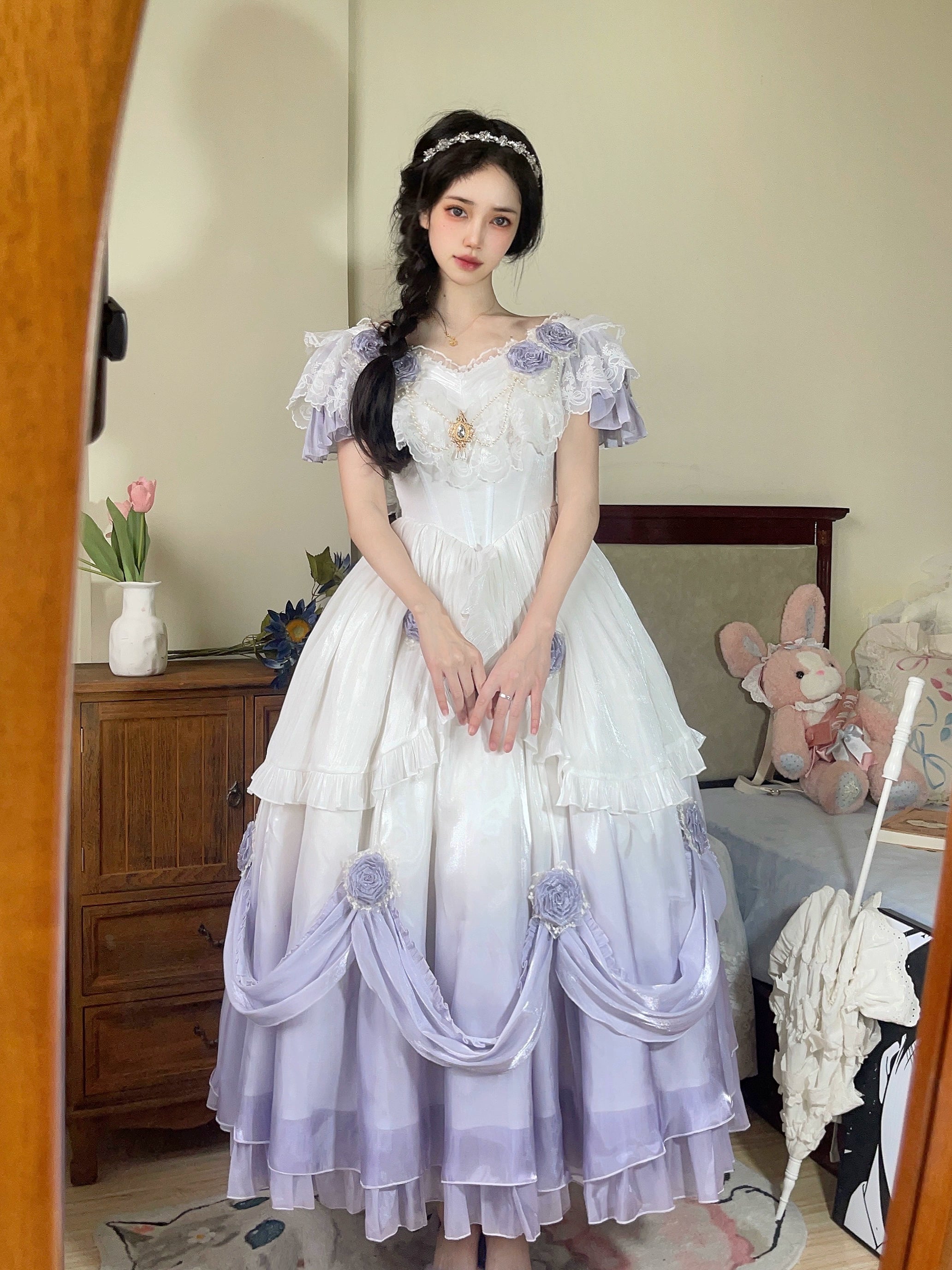 Meowing and fruity - Tana Manor - Classic Lolita OP Dress, Floral Decoration S Gradient purple