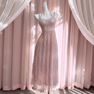 Anna~High-end Luxury Lolita JSK Pink Halter Neck Wedding Lolita Dress Pink dress S 