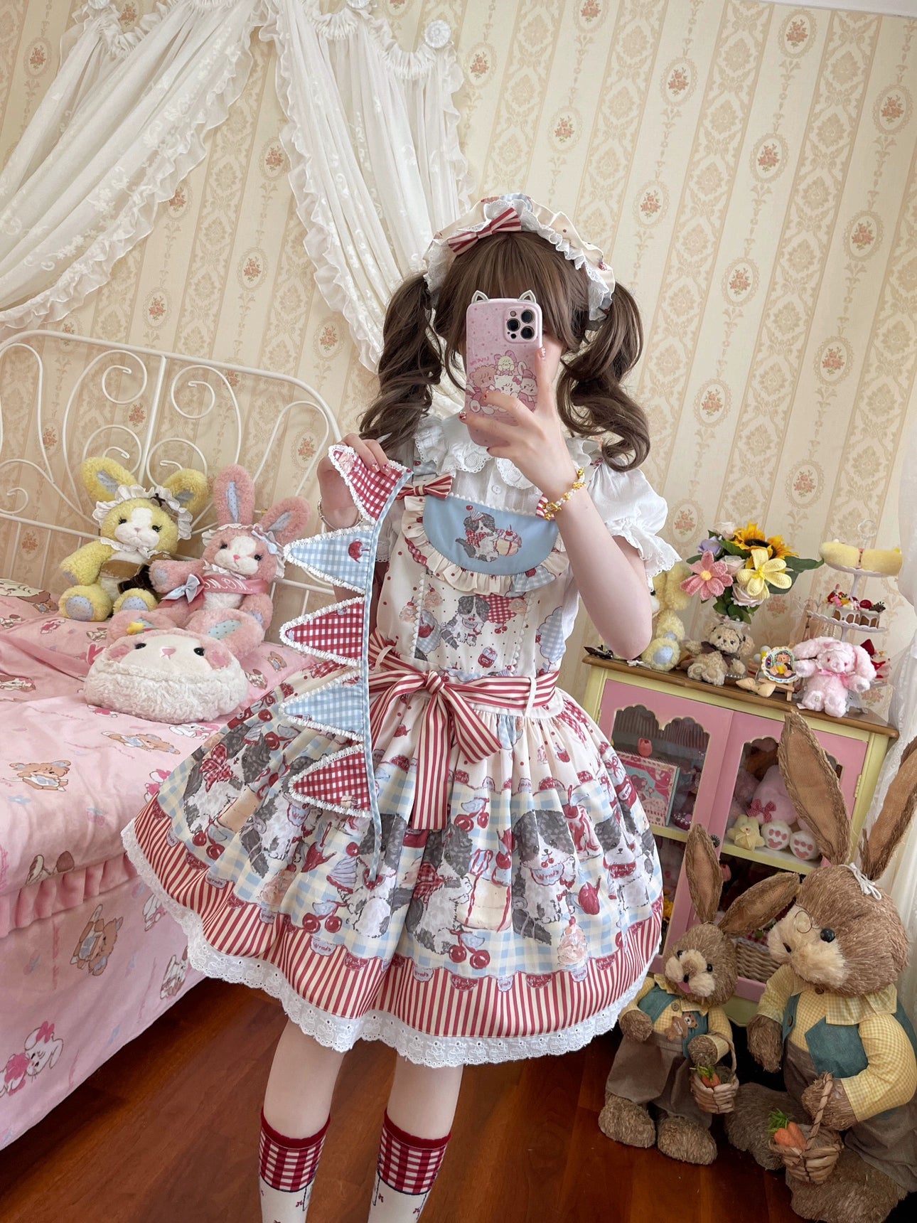 Akiyama Future Studio - Border Collie Cherry - Kawaii Lolita Salopette Cherry Print Dress S Flag sash Only