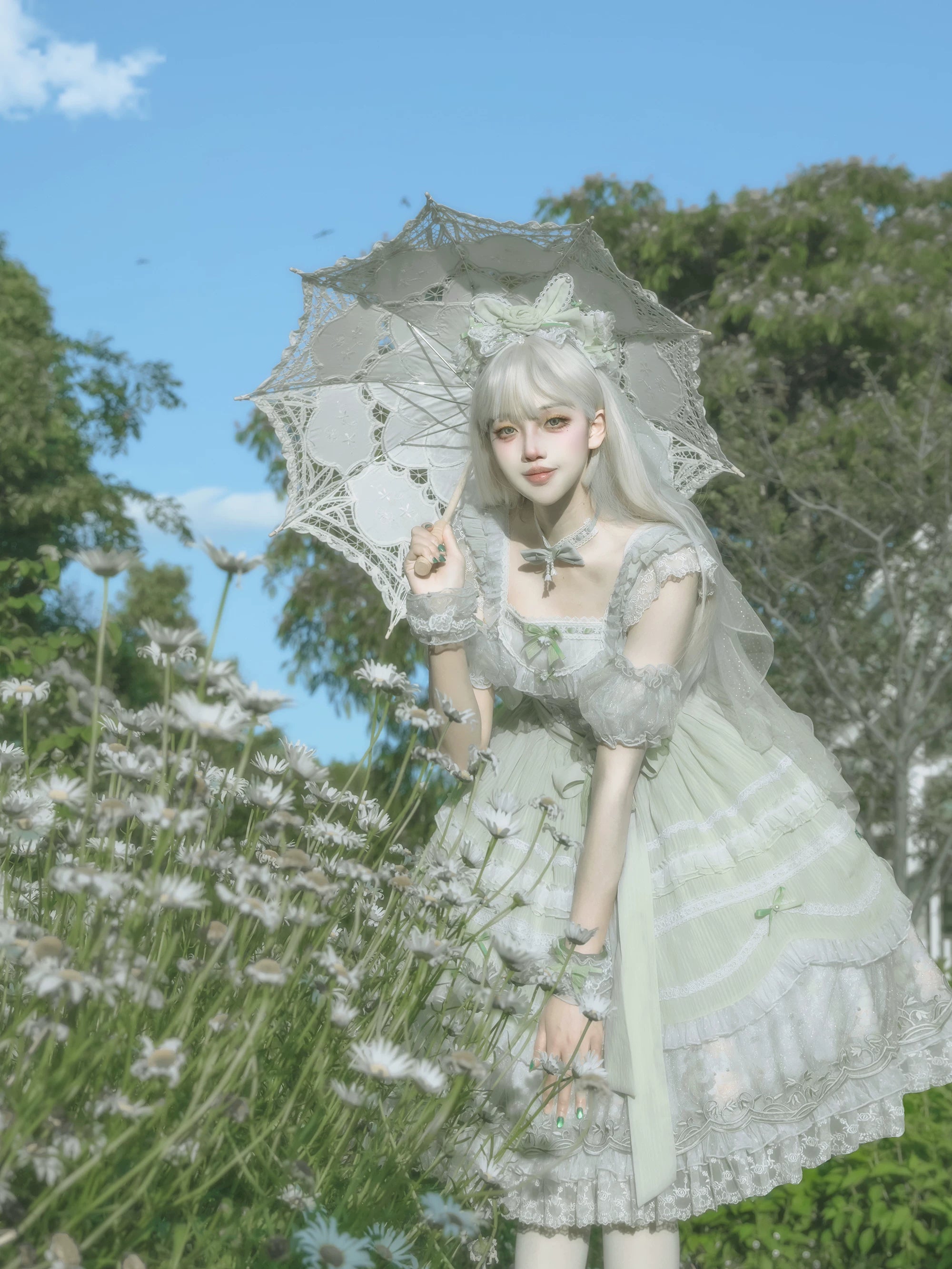 Lily of the Valley Lamb - Classic Lolita Tiered Hem JSK Dress with Embroidery 45277:852088