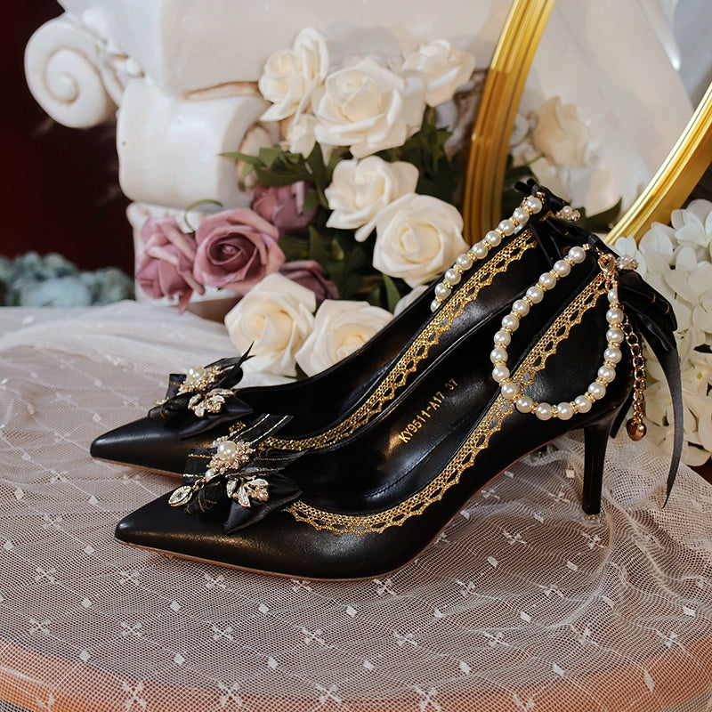 One Night - Wedding Lolita Shoes Pointed-toe High Heel Shoes Thin Heel 35 Black (6cm)