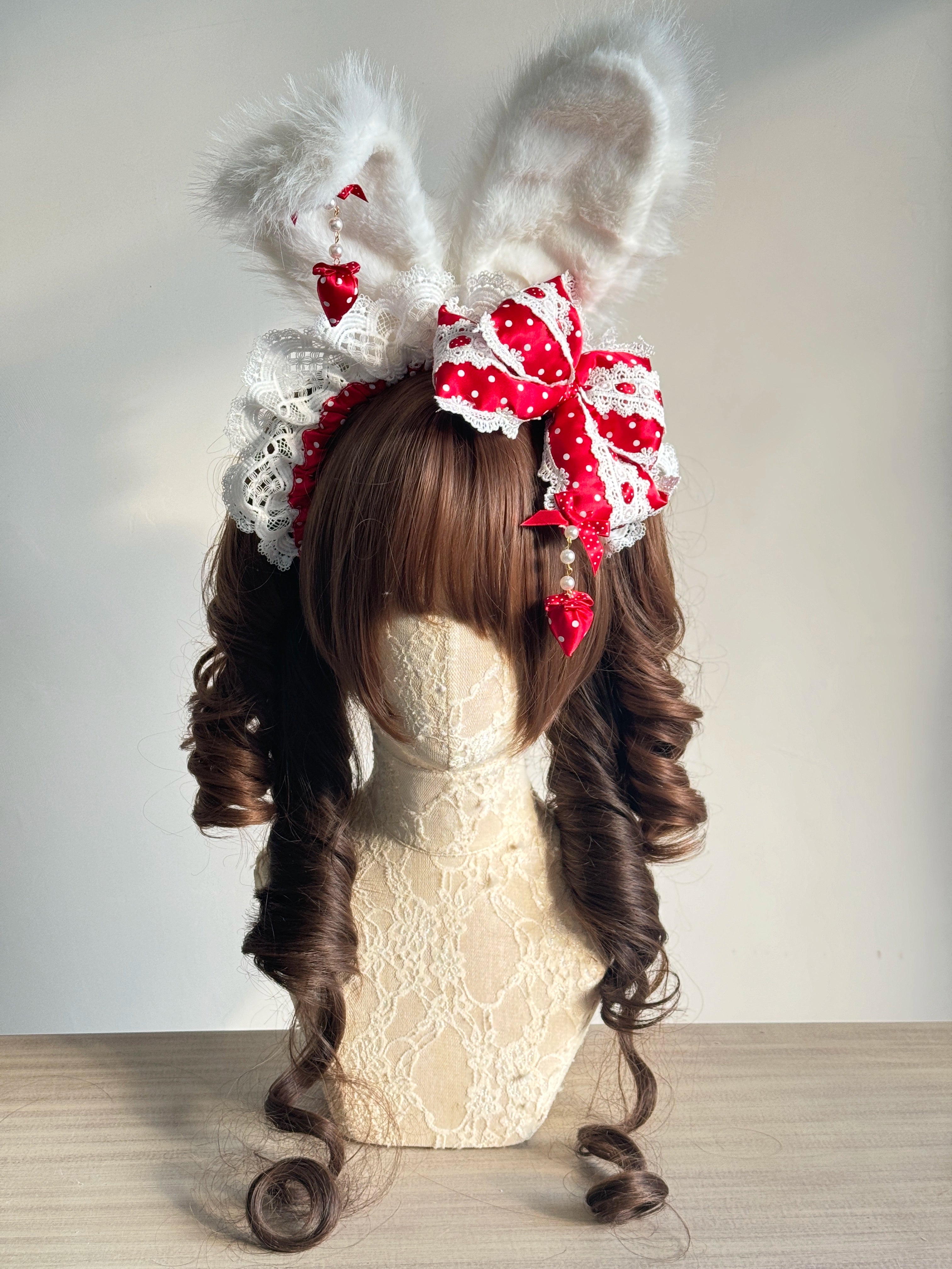 MAID - Sweet Lolita Headdress, Polka Dot Bow, Bunny Ear Red Bow + White Bunny Ears