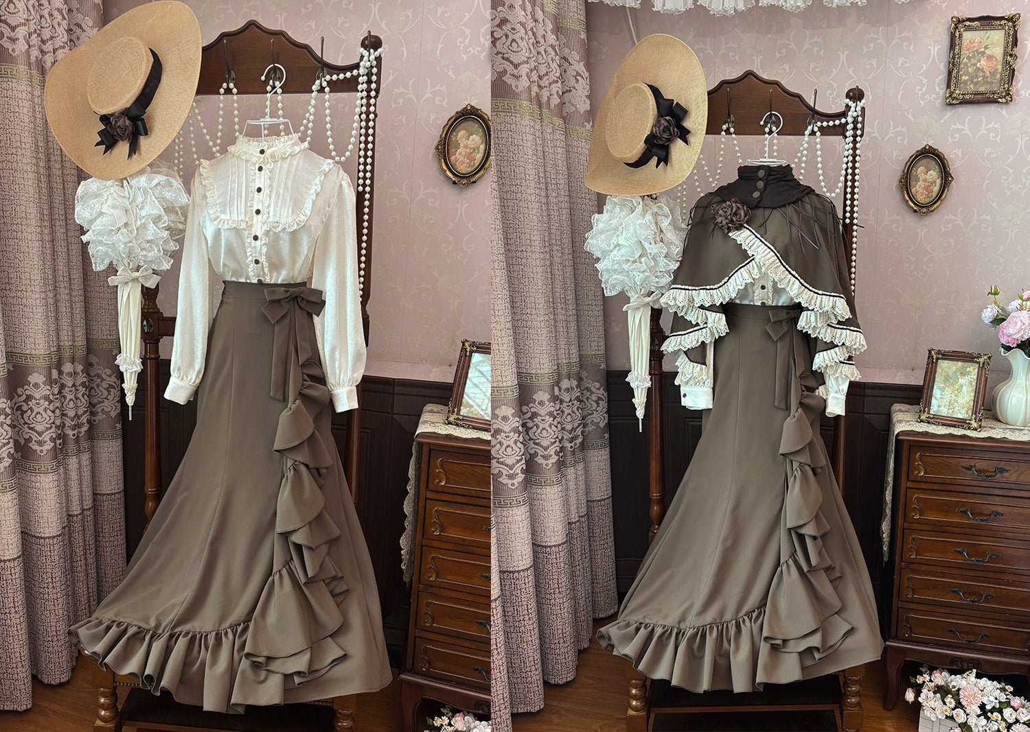 Muyu Handmade Studio - Evening Whispers of London - Brown Classic Lolita OP Dress, Mermaid Skirt Outfit (2XL L M S XL) 43993:791975