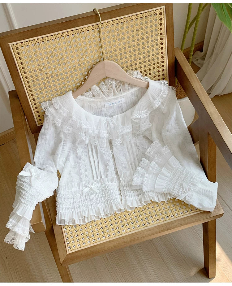 Morning Dew - Elegant Lolita Cardigan, Ruffle & Butterfly Pattern