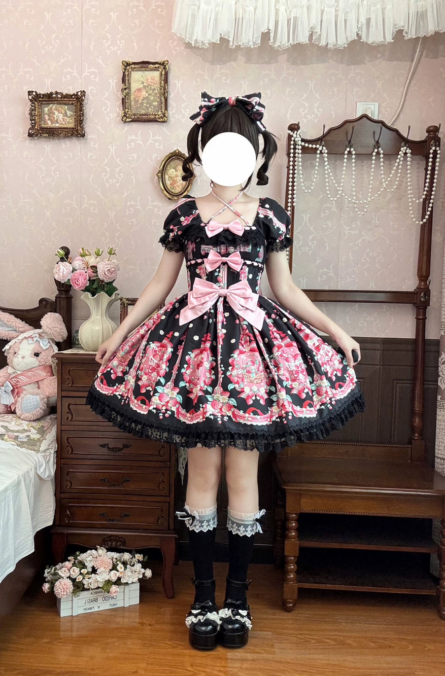 Printed Old School Lolita Dress, Detachable Bows
