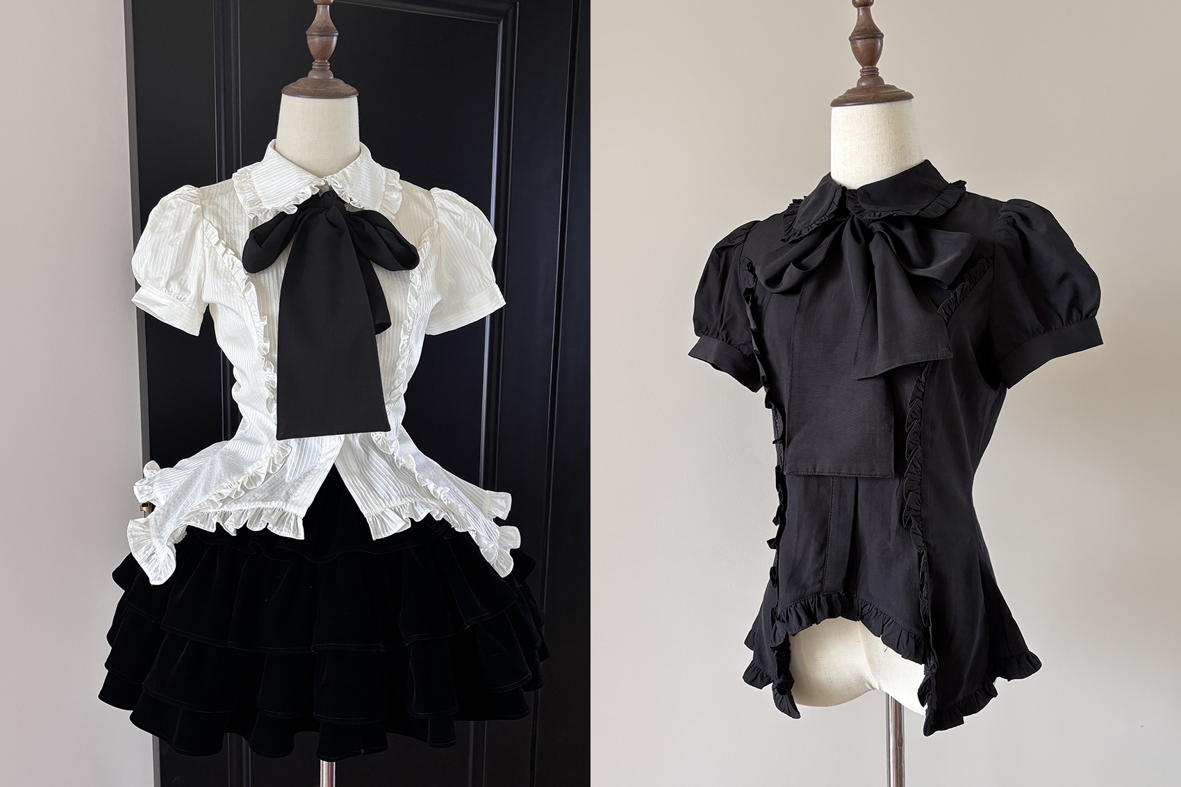 FlowerFairyDaily - Lilith - Gothic Lolita Short Sleeve Shirt, Detachable Tie Pure Black S