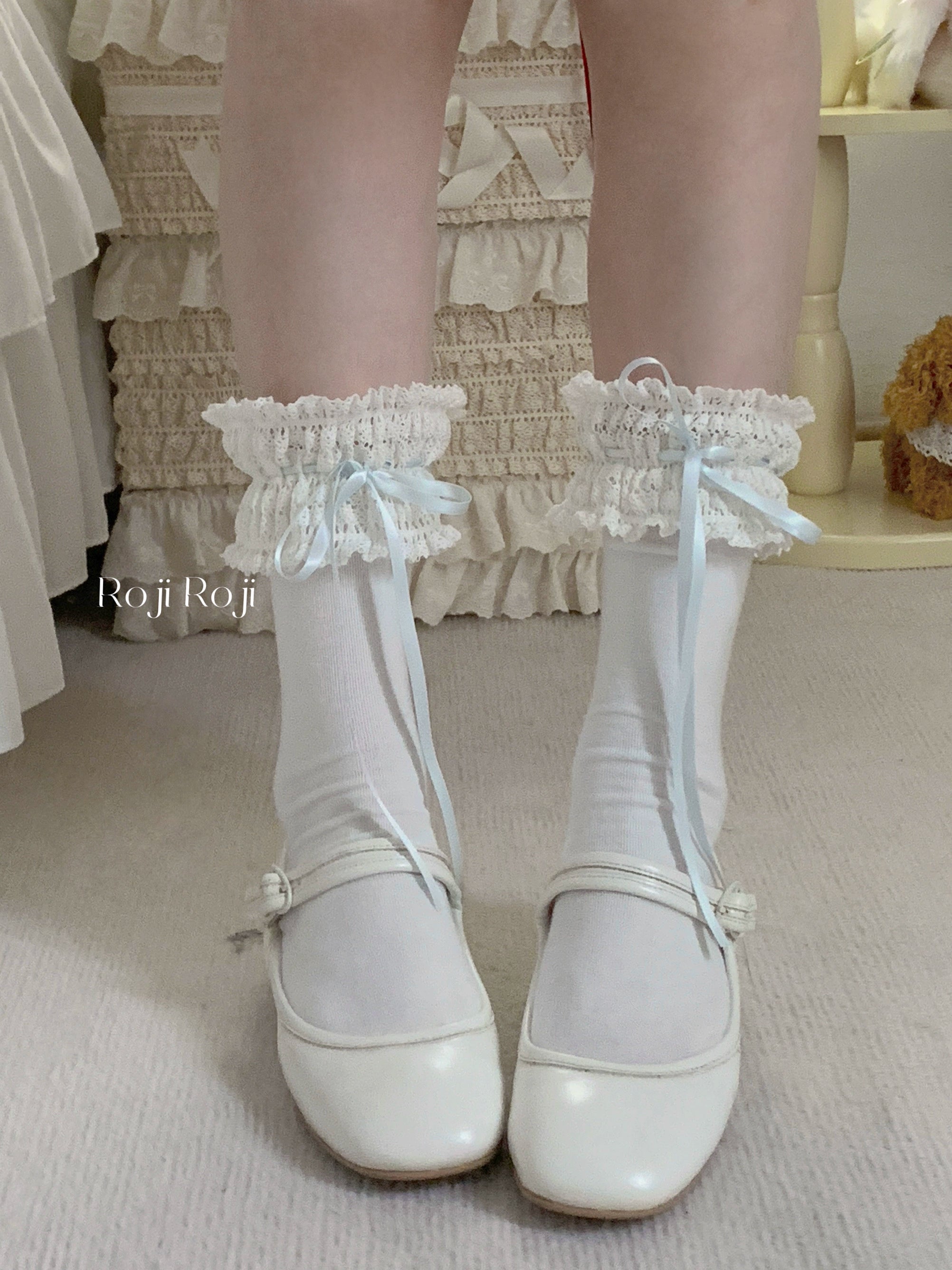 Roji Roji - Gentle Town - Sweet Lolita Cotton Calf Socks, Ankle Socks Blue ankle socks One Size
