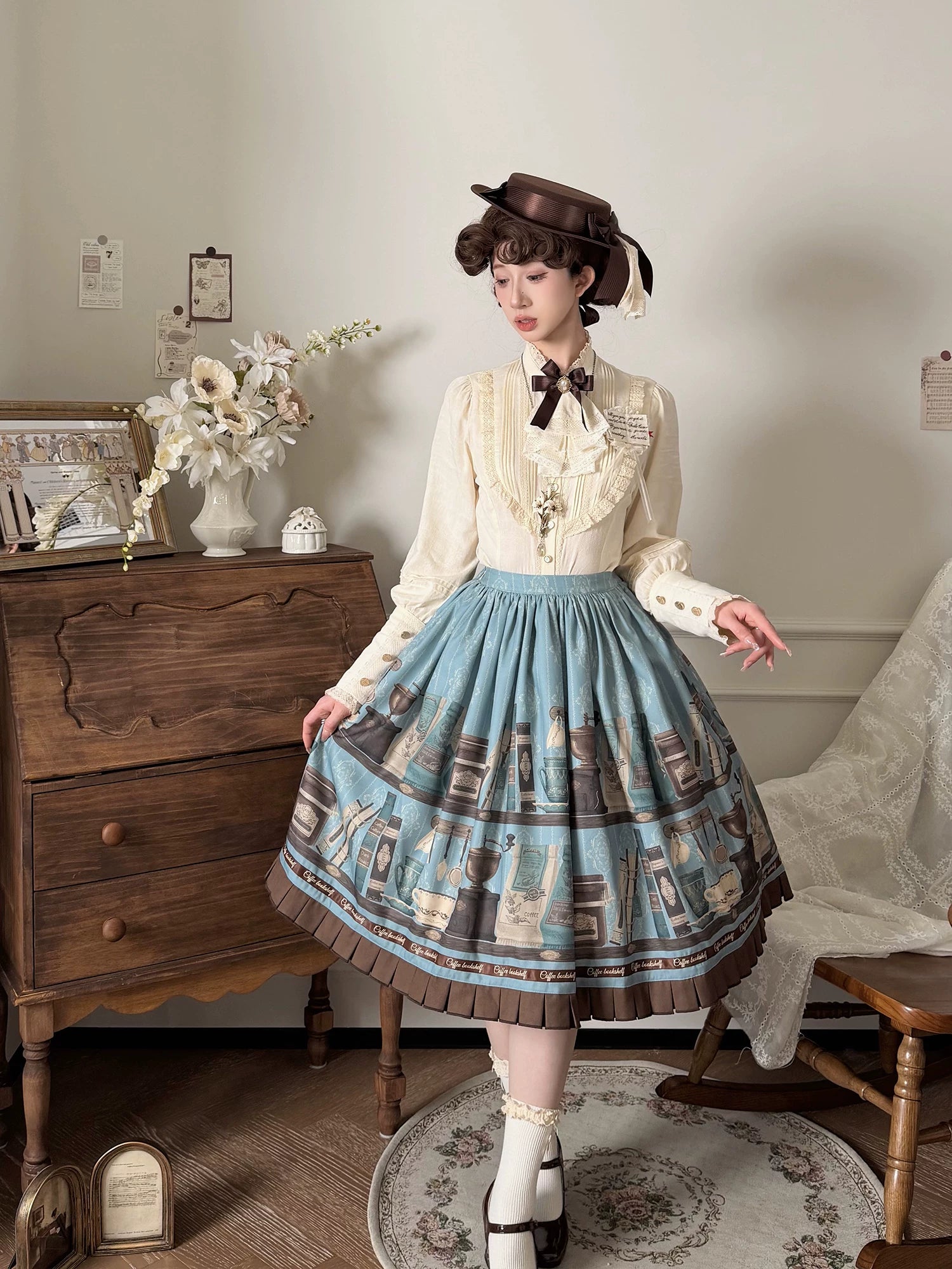 Coffee Bookshelf - Classic Lolita JSK and SK Set, Coffee Cup and Book Print 45611:856235