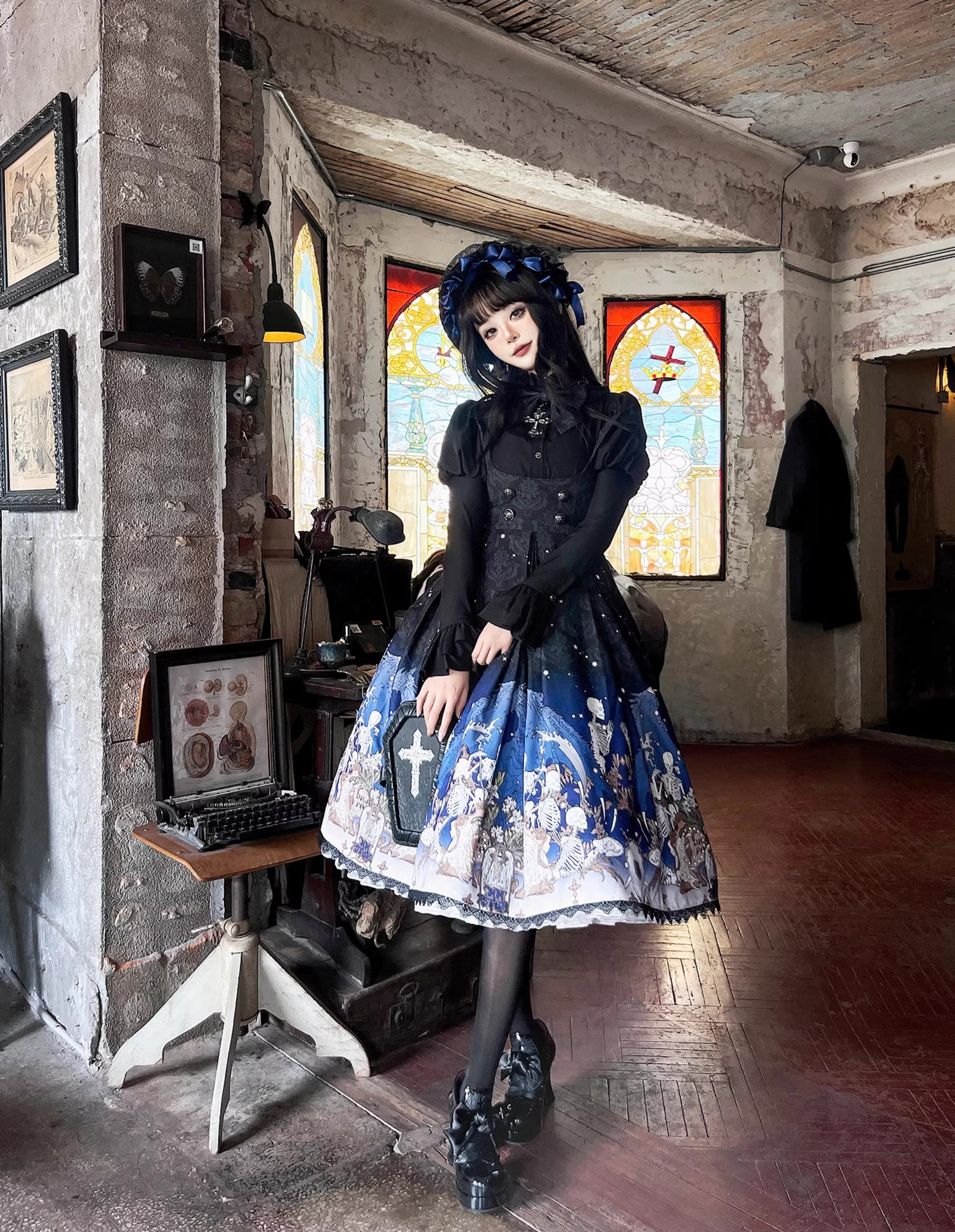 Nn Star - Dragonbone Lily - Dragon Skeleton Print Gothic Lolita Bust-supporting JSK and BNT 42664:748581