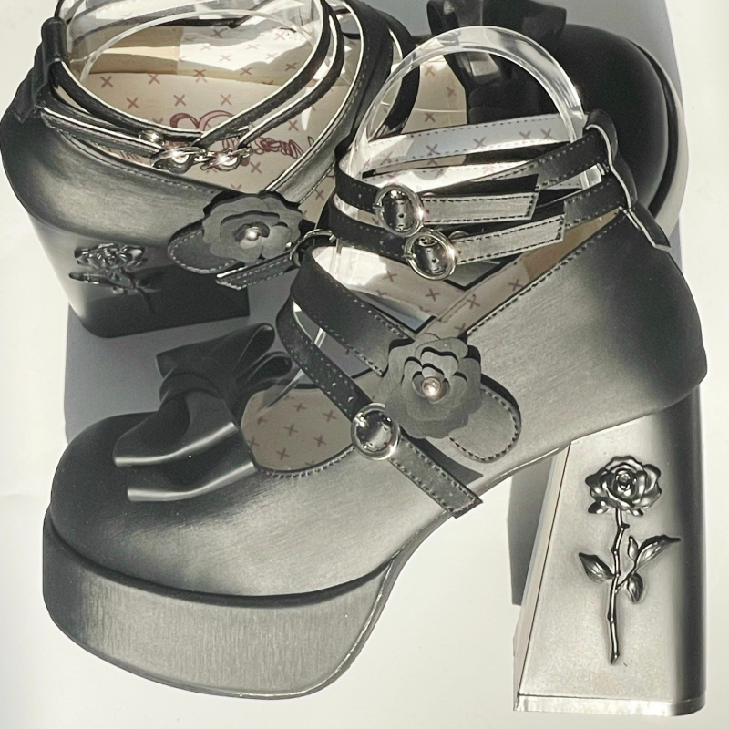Dreamland - Whispers of the Rose - Daily Lolita Platform Heels Shoes with Relief Rose Matte Black (back heel height: 11 cm) 34