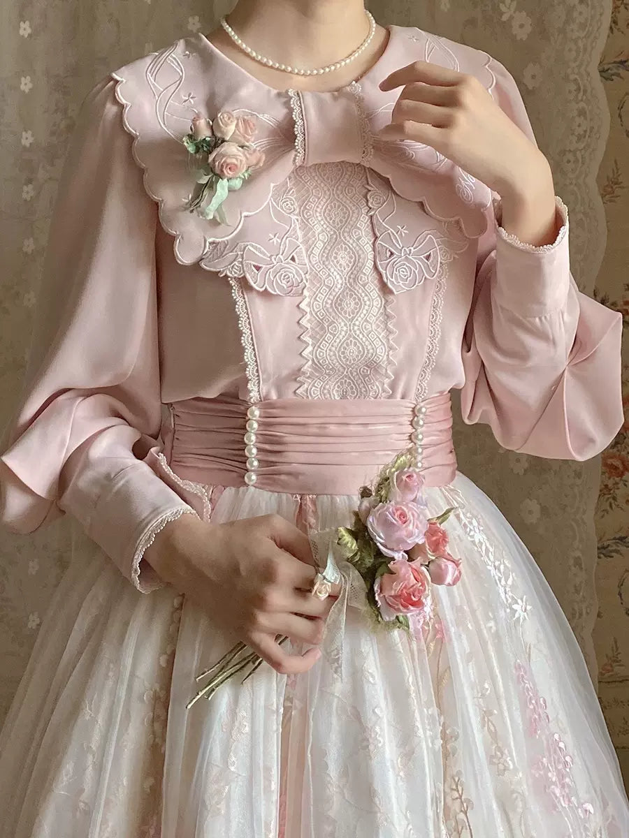 ZeeYe - Night Rose - Classic Lolita Shirt Double Layer Bow Embroidered Versatile Blouse S Grey-pink non-hollow out long sleeve