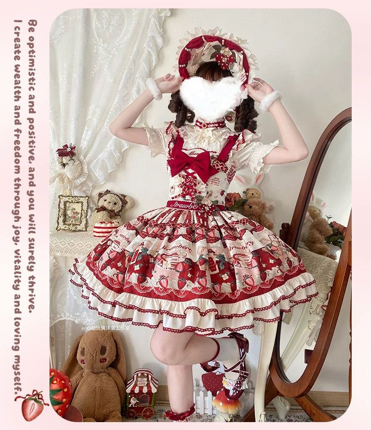 Strawberry Garden - Sweet Lolita JSK & OP Dress, Strawberry Print 44455:810027