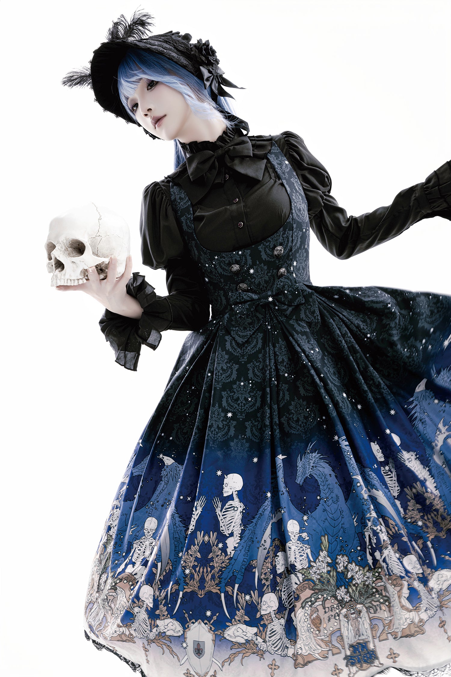 Nn Star - Dragonbone Lily - Dragon Skeleton Print Gothic Lolita Bust-supporting JSK and BNT 42664:748568