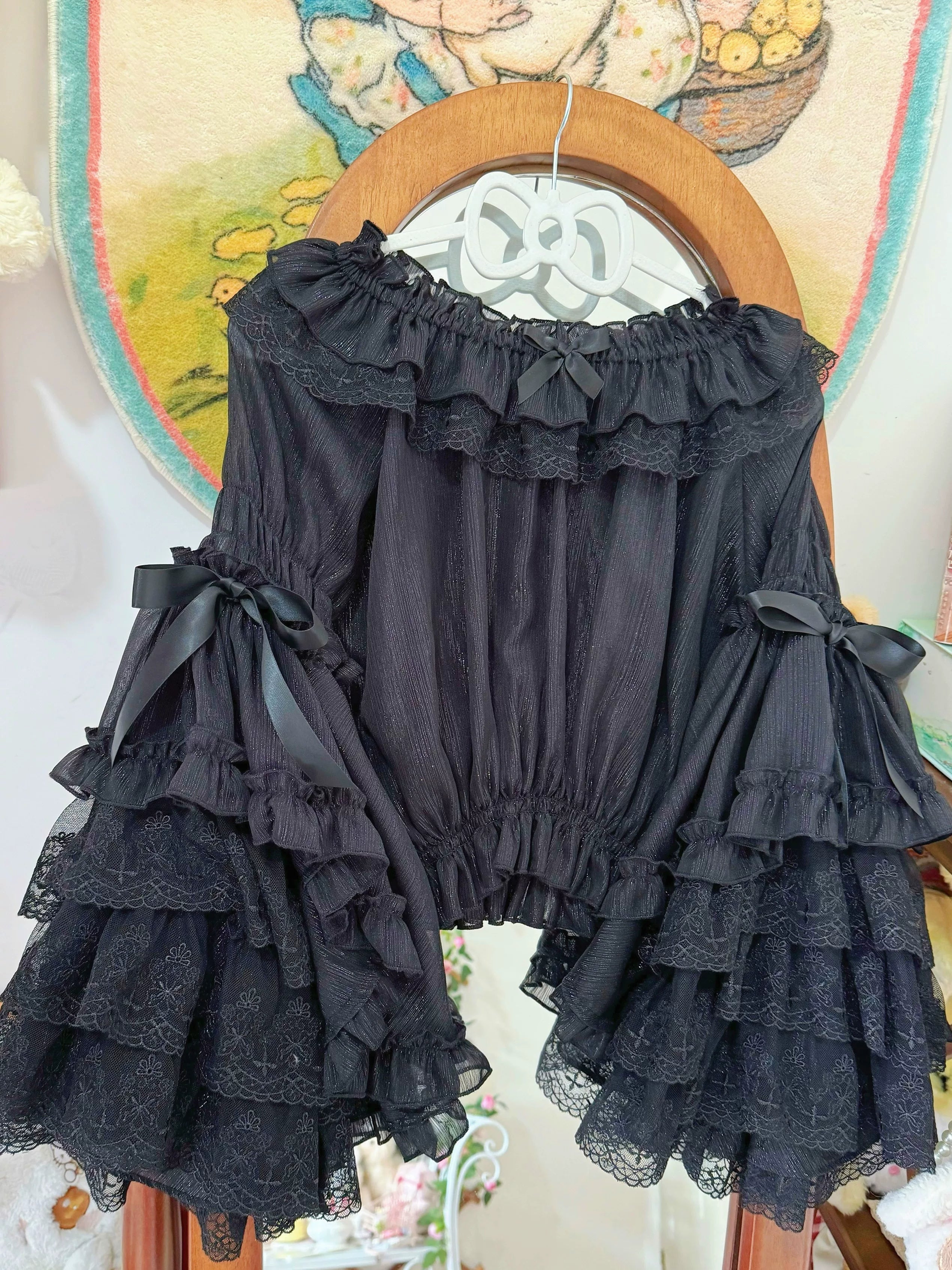 Vintage Lolita Hime Sleeve Blouse, Off-shoulder Design Black S