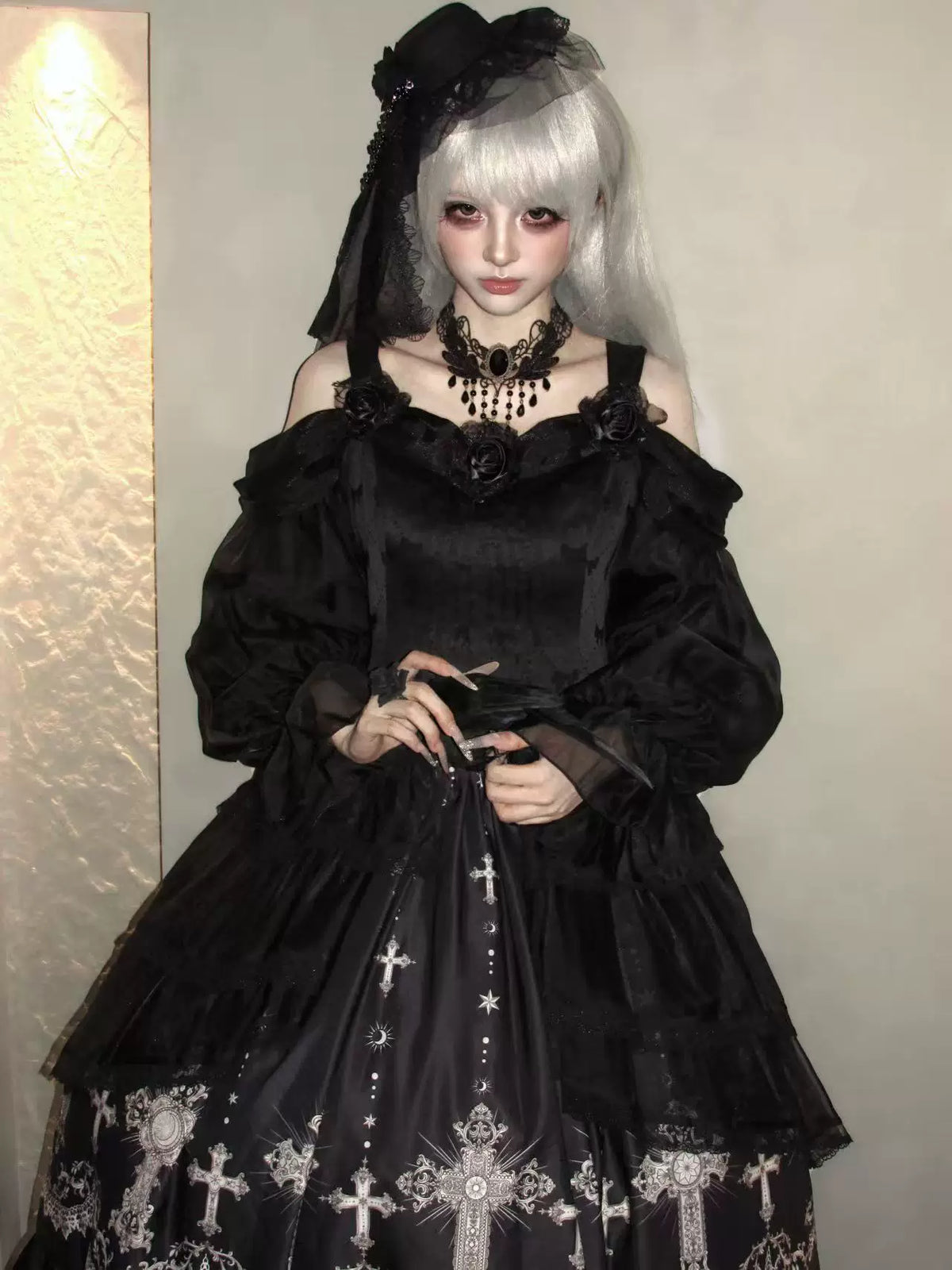 Star Remains Prayer - Elegant Gothic Lolita JSK & OP Dress Set, Cross & Moon Prints 46014:872452