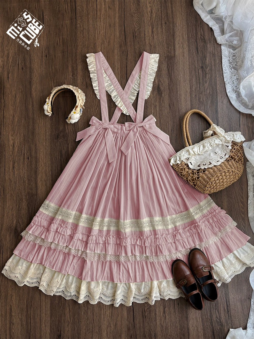 Miss Cube - Cool Sheep Whisper - Kawaii Retro Lolita SK with Detachable Suspenders Pink - suspenders SK only XS