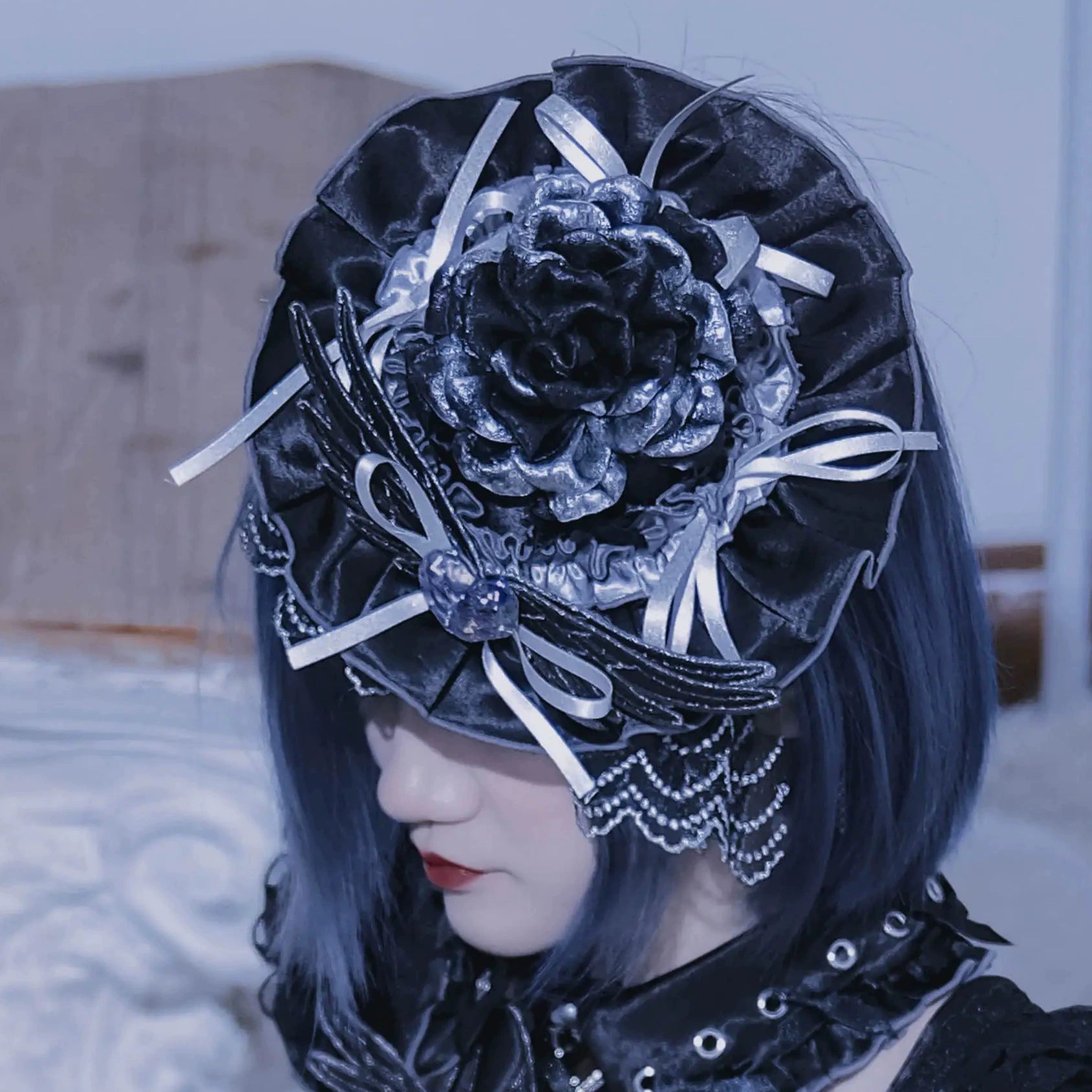 LustrE - Metallic Angel Black - Gothic Lolita Rhinestone Top & Ruffled Skirt Set 43991:791057