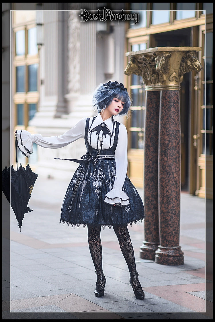 DuskProphecy - Coccyx - Elegant Lolita Dress High Waist Fishbone Print JSK Set 34722:466620