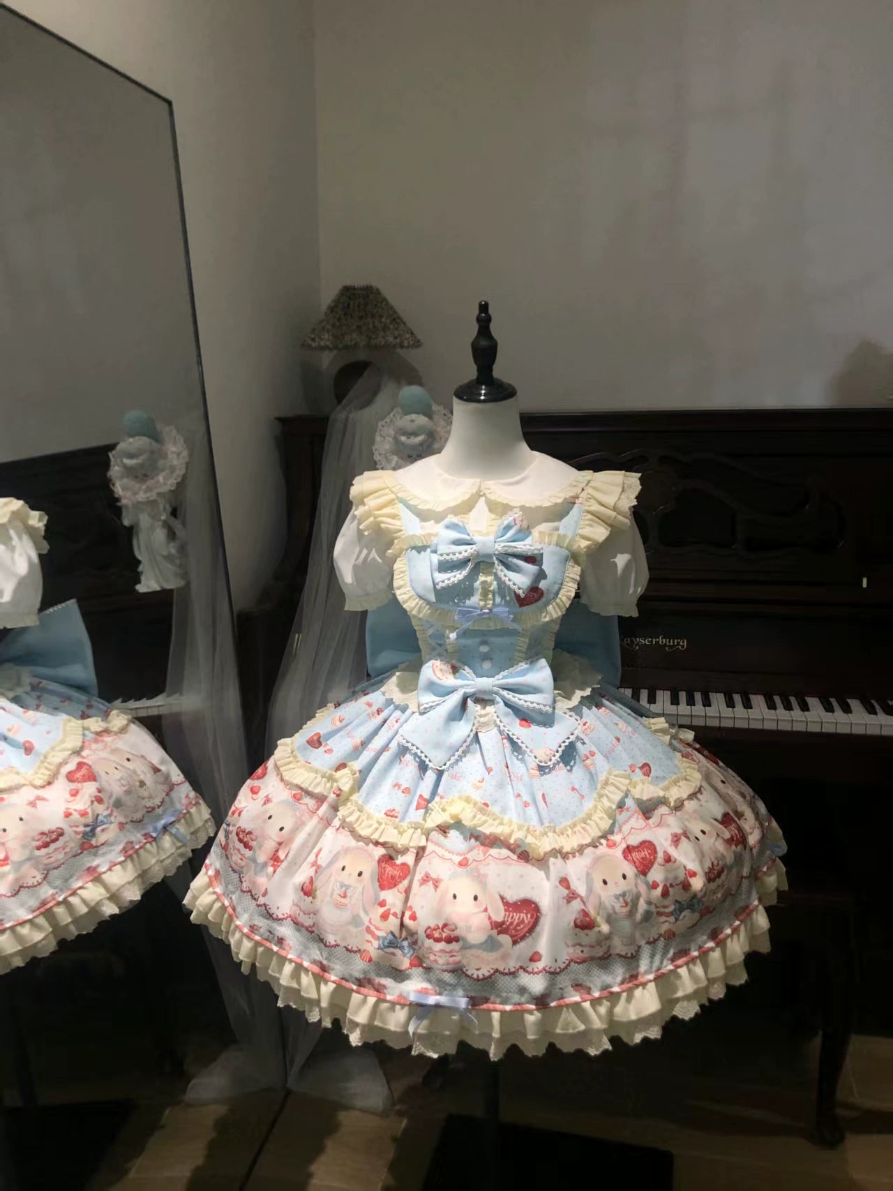 Sweet Dreamland - Bunny Party - Printed Sweet Lolita JSK, Bow Trailing Blue Fullset (JSK + Shirt + Trailing) S