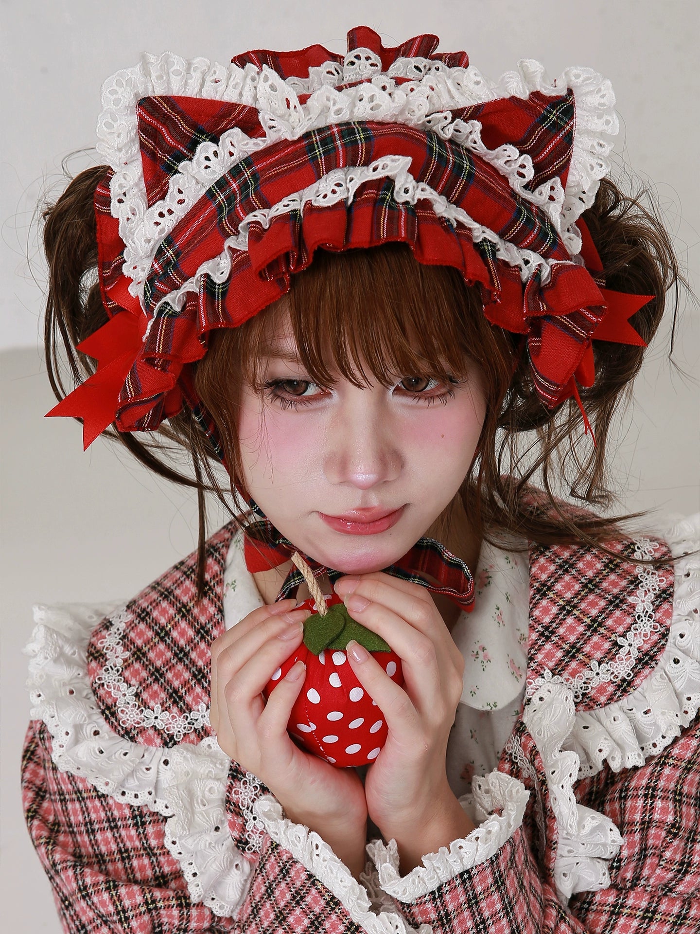 Soso Meme Club - Christmas Sweet Lolita Hairband, Red Plaid Cat Ear 44110:795046