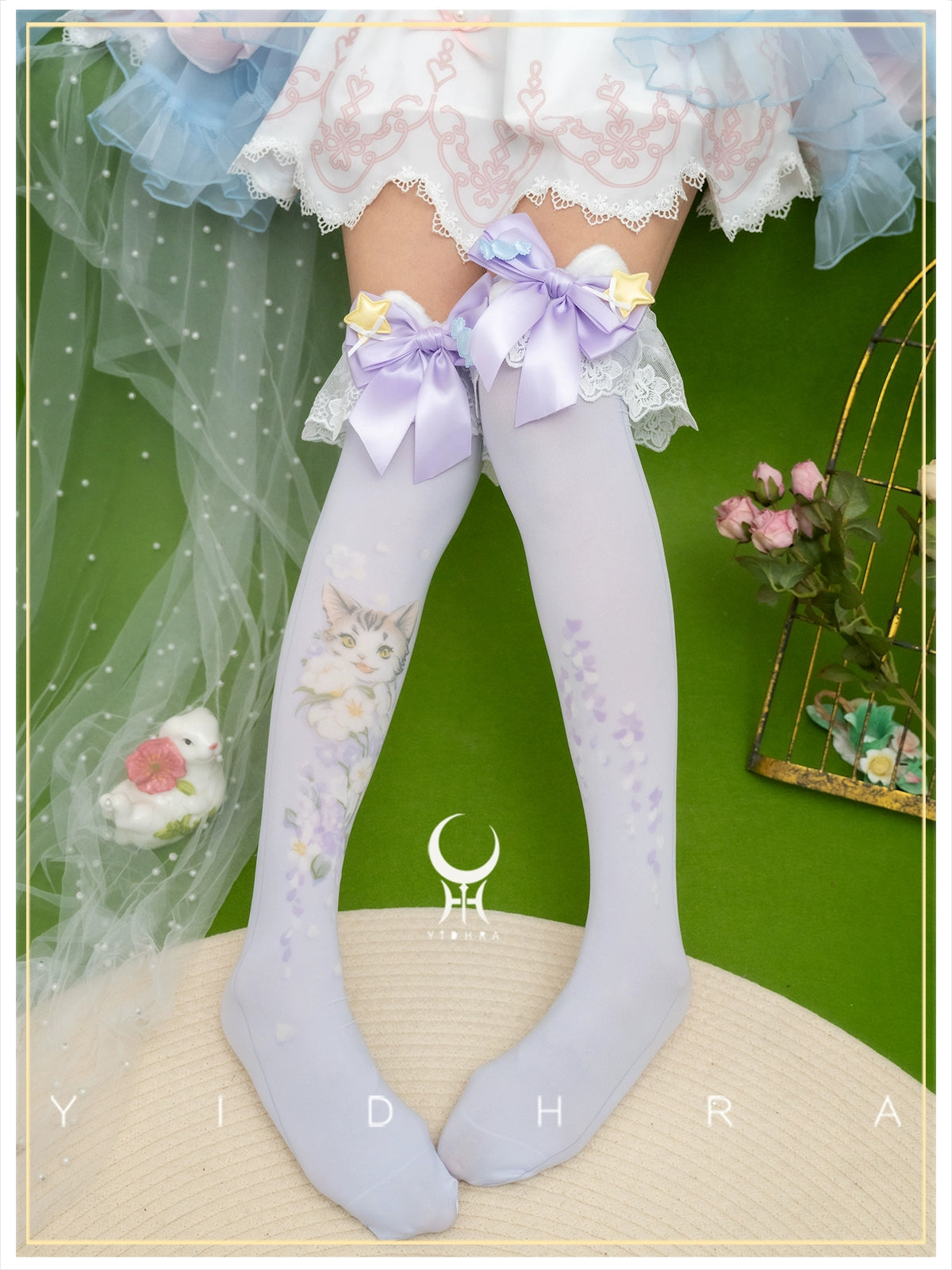 Yidhra - Animal Garden - Kawaii Lolita Calf Socks Cat Rabbit Print Stockings Full Set of Stockings(4 pairs)