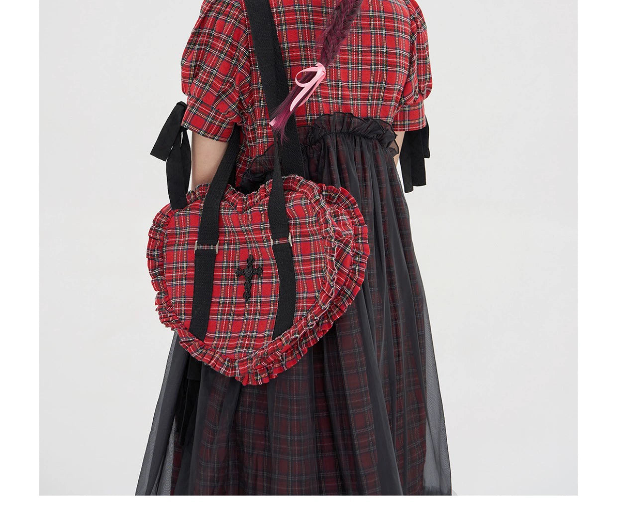 (BFM)Soso Meme Club~Vintage Lolita Heart Shaped Plaid Dot Print JK Uniform Bag 34908:471036