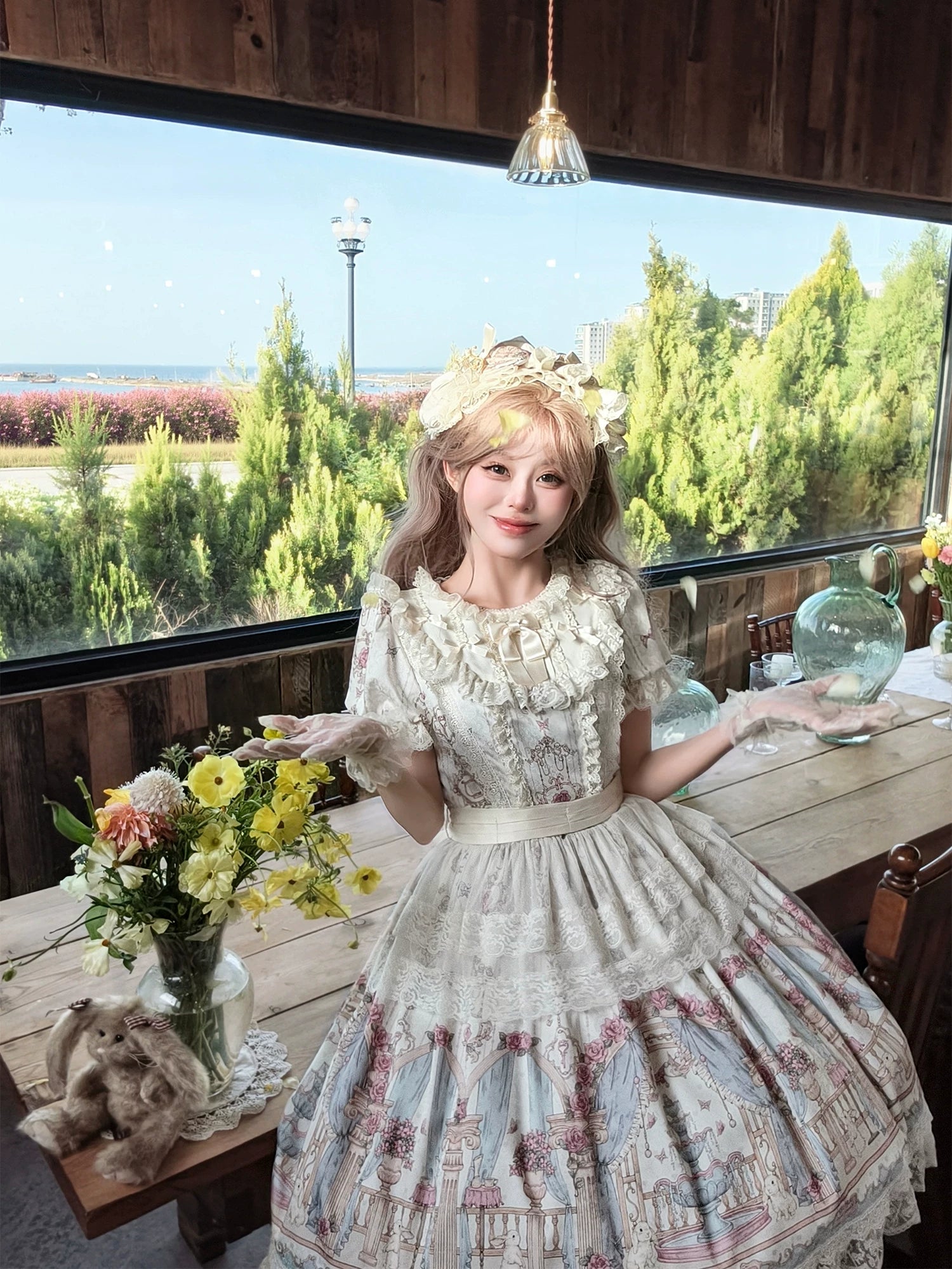 Wandering Rabbit's Palace - Doll-like Classic Lolita Palace Print OP Dress with Lace 45322:843917