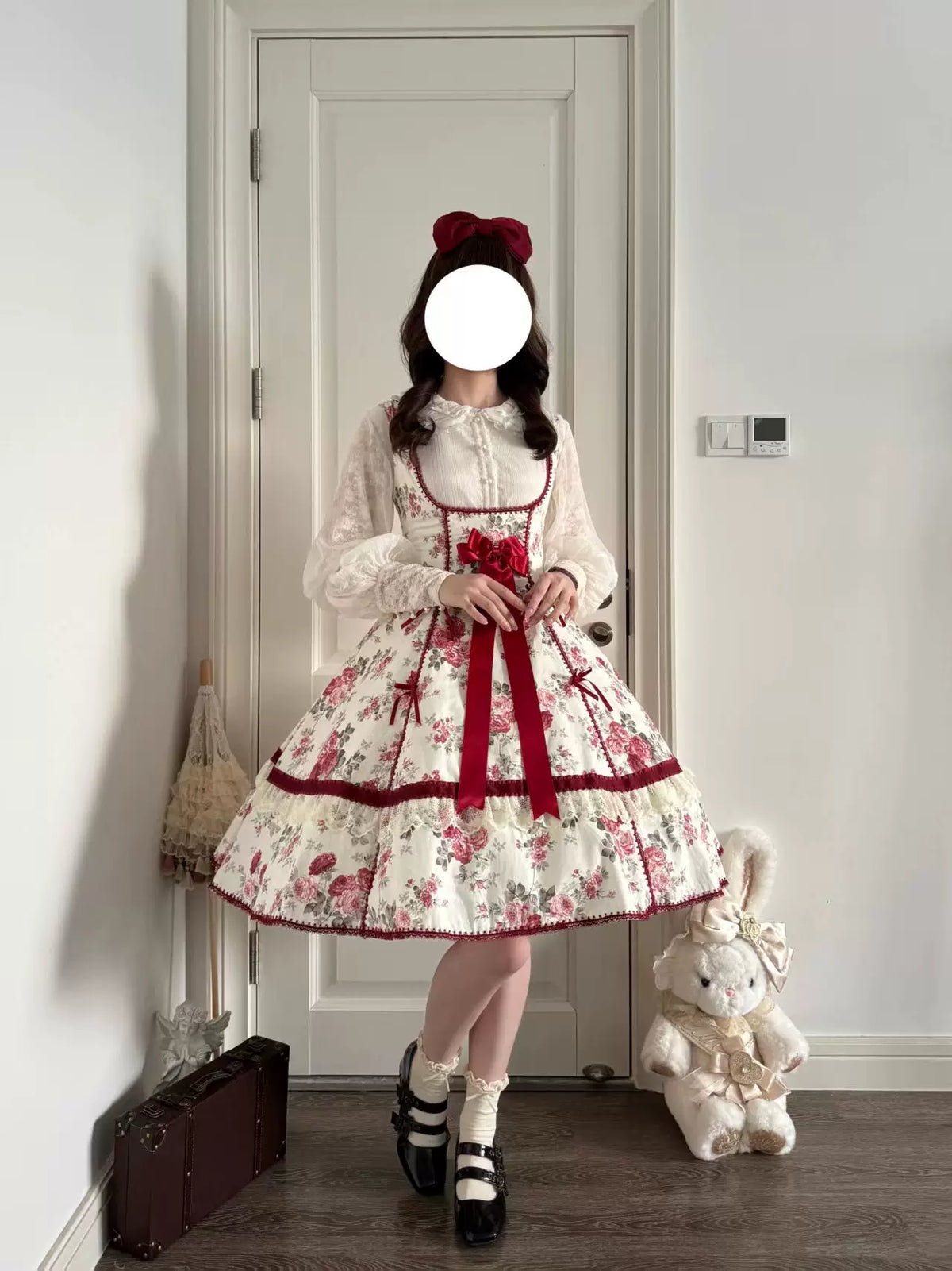 Red Peony - Classic Lolita Bust Support JSK Dress, Floral Print 46004:871734