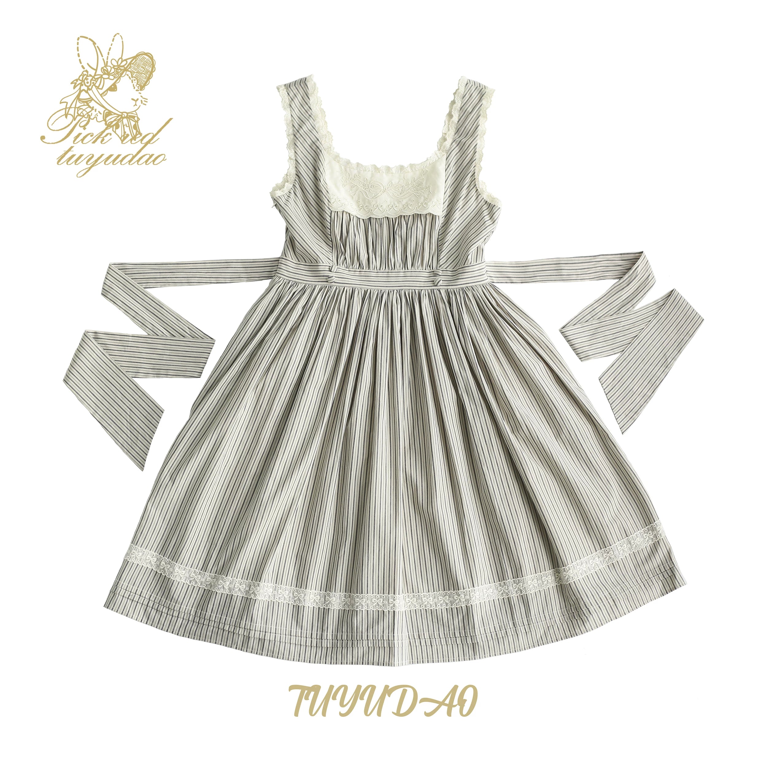 Stripe Minuet - Classic Lolita Striped JSK Dress, Embroidered Neckline 45317:844852
